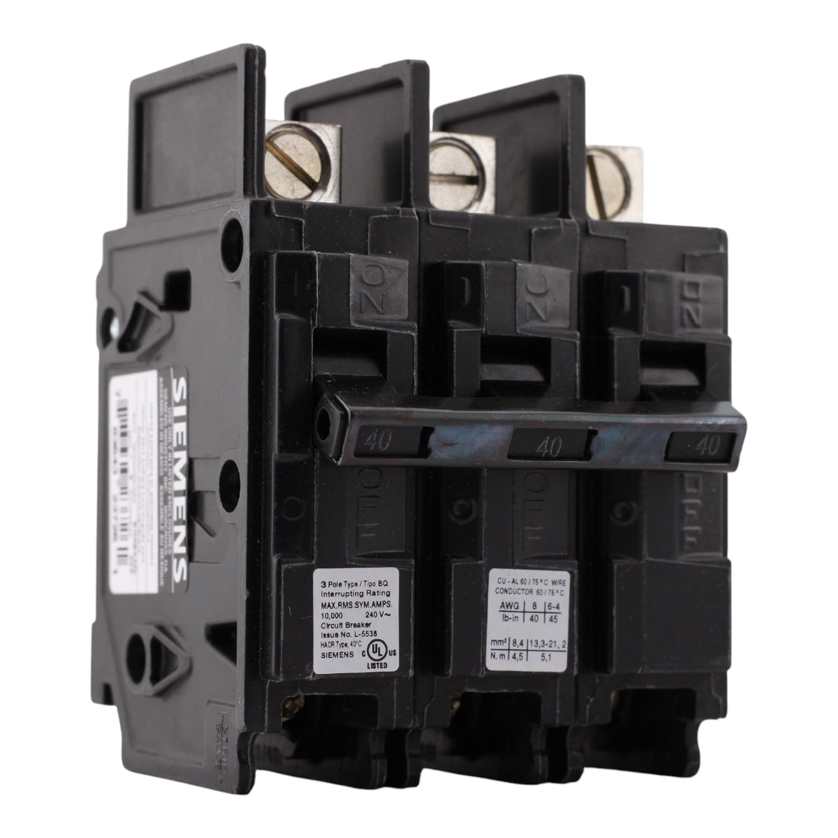 Siemens BQ3B040L, 40A, 3P, 240V, Lug-In/Lug-Out, Circuit Breaker