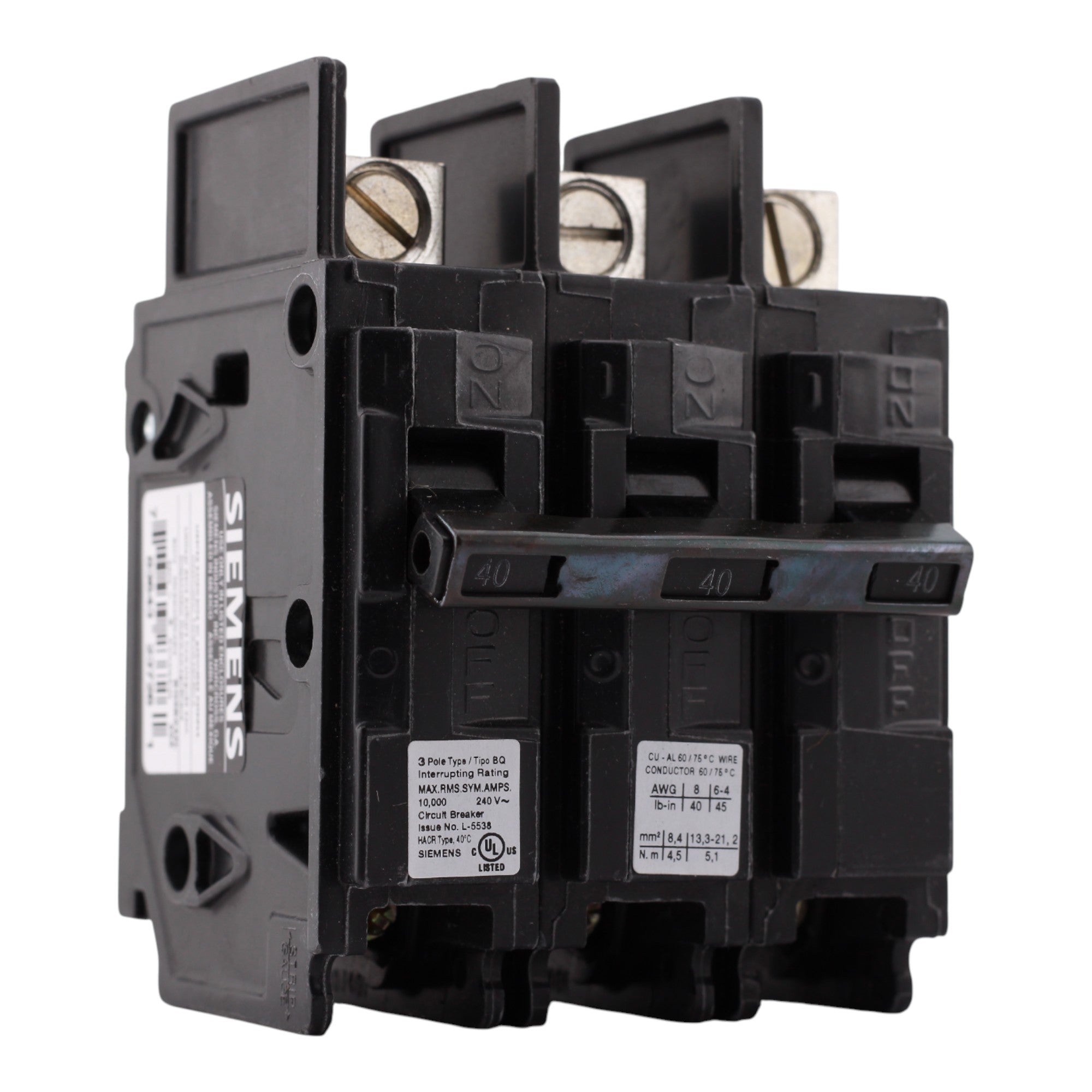 Siemens BQ3B040L, 40A, 3P, 240V, Lug-In/Lug-Out, Circuit Breaker