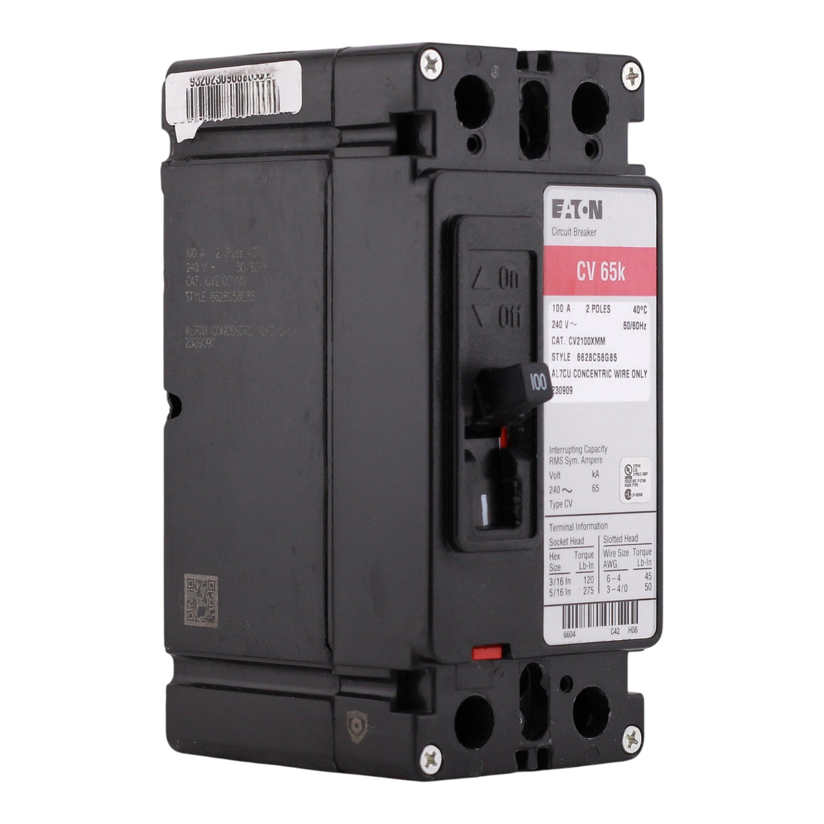 Eaton CV, CV2100XMM, 100A, 2P, 120/240V, 65kA, Molded Case, Tenant Main Circuit Breaker, UL Listed - Image 4