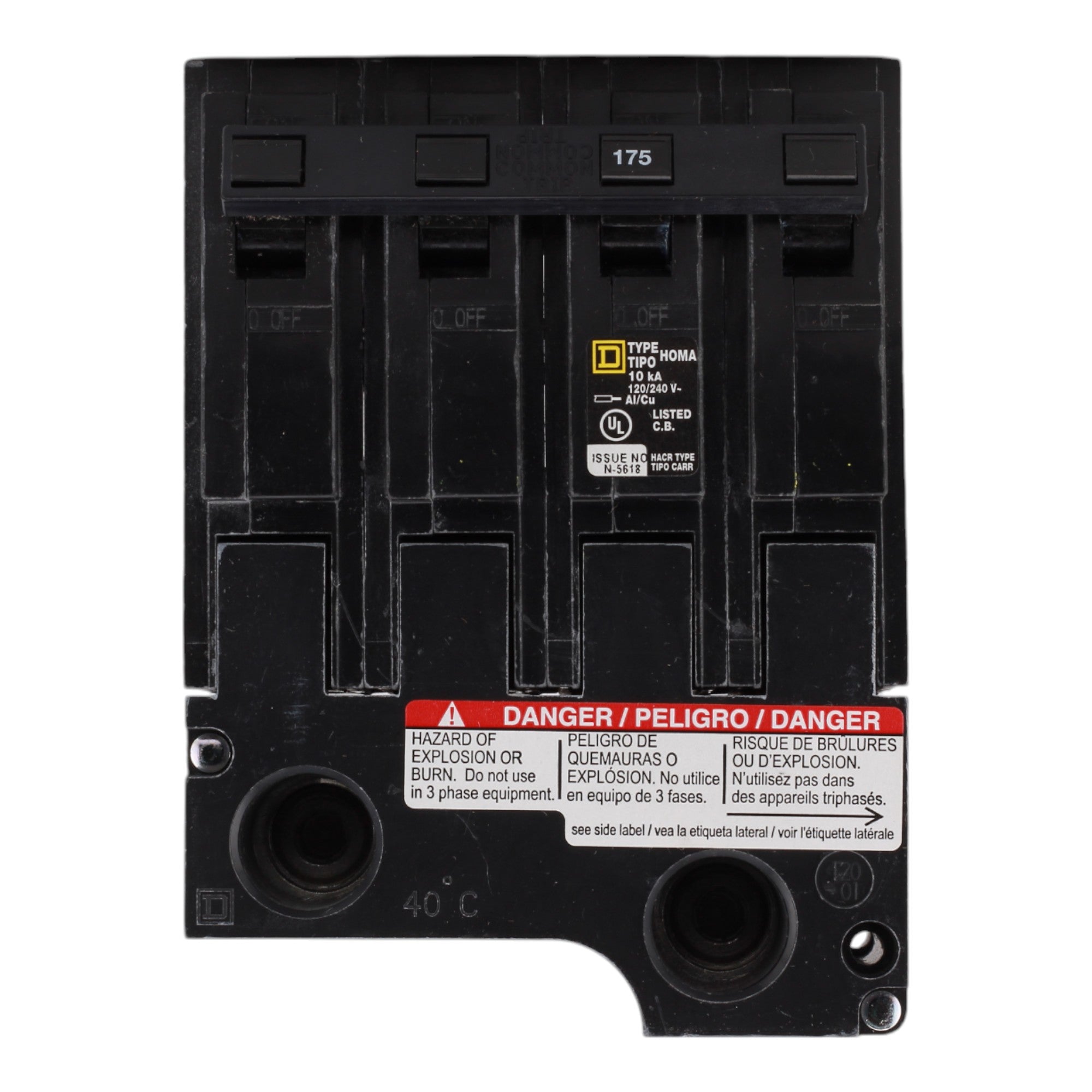 Schneider Electric HOM2175BB Mini Branch Circuit Breaker, 175A, 2-Pole, 120/240V AC, 10kA AIR, Plug-In Design. - Image 3