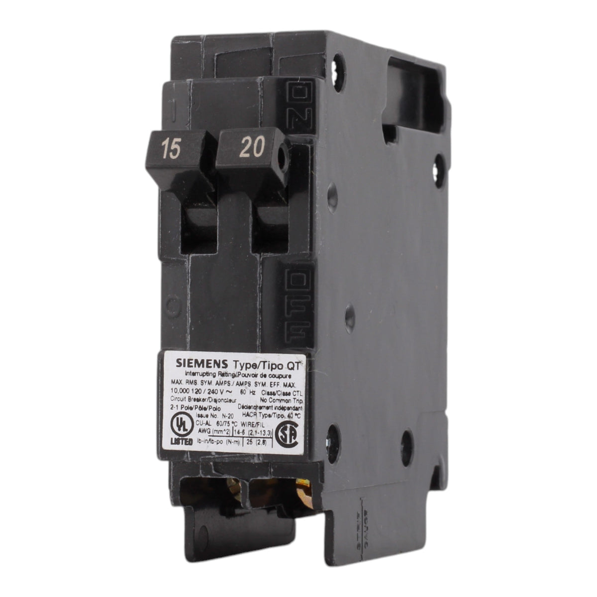 Siemens Q1520 15/20A 120V Duplex Thermal Magnetic Circuit Breaker, Plug-In, 10kA Interrupt, Type QT - Image 3