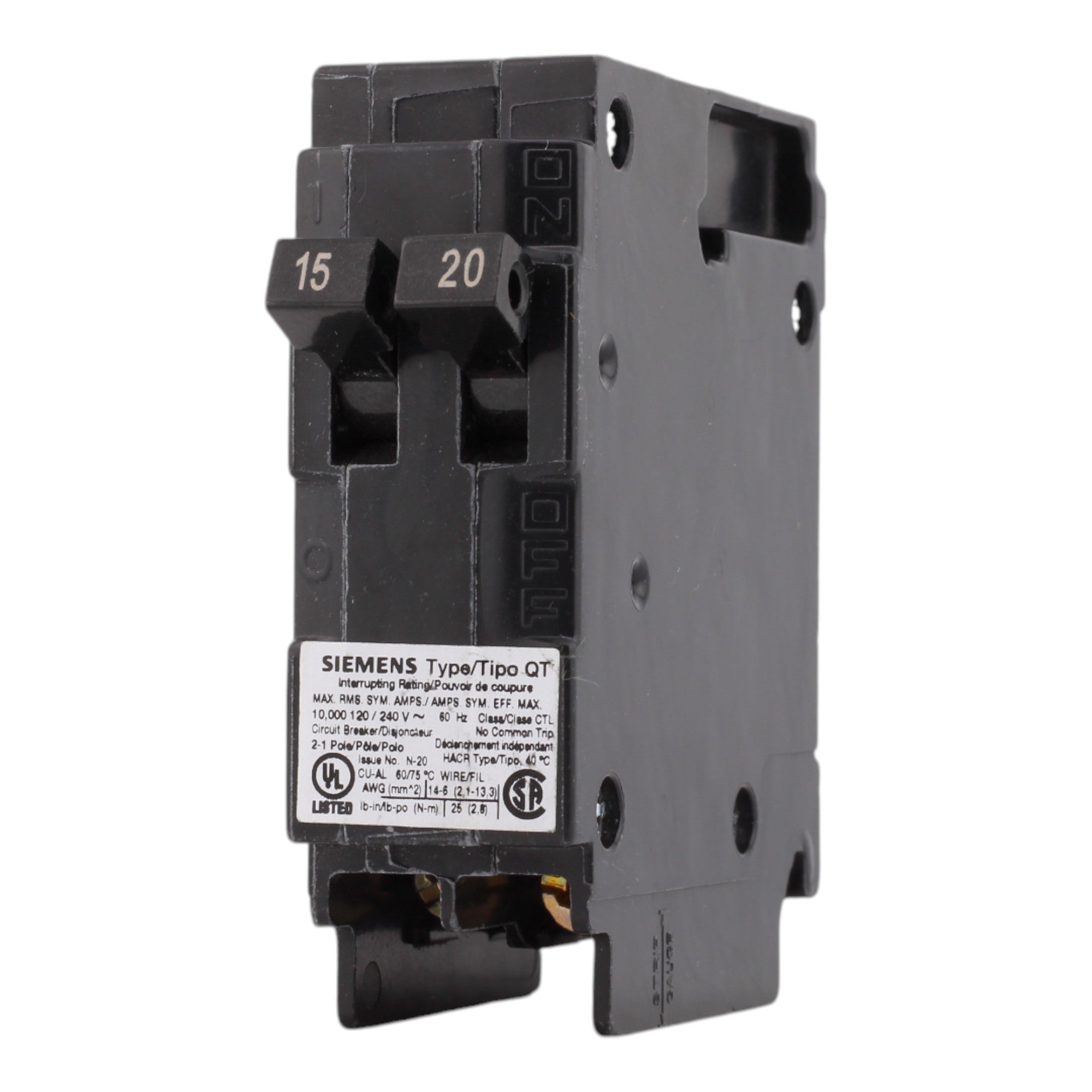 Siemens Q1520 15/20A 120V Duplex Thermal Magnetic Circuit Breaker, Plug-In, 10kA Interrupt, Type QT - Image 3