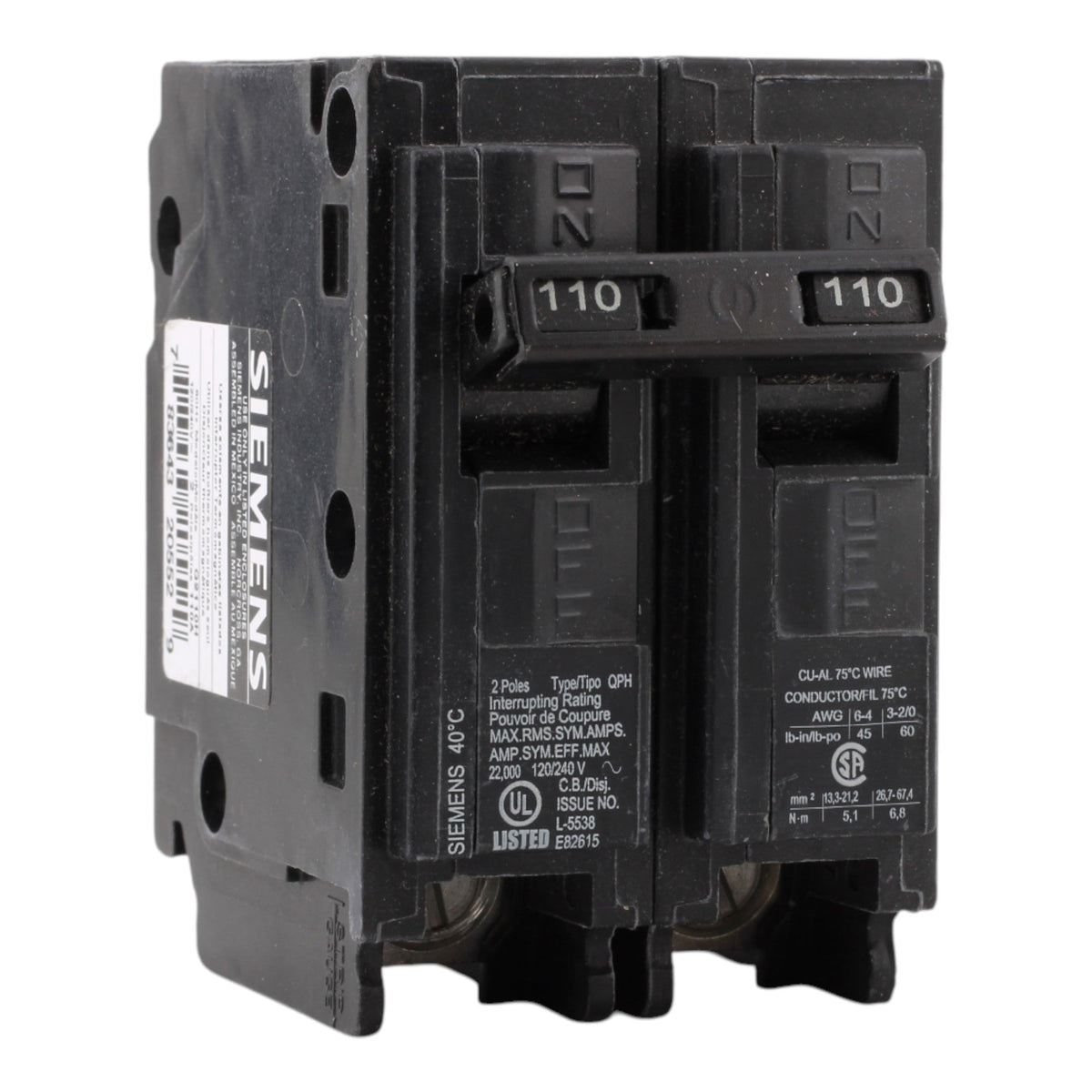 Siemens Q2110H 110A 2P 120/240V Thermal-Magnetic Circuit Breaker