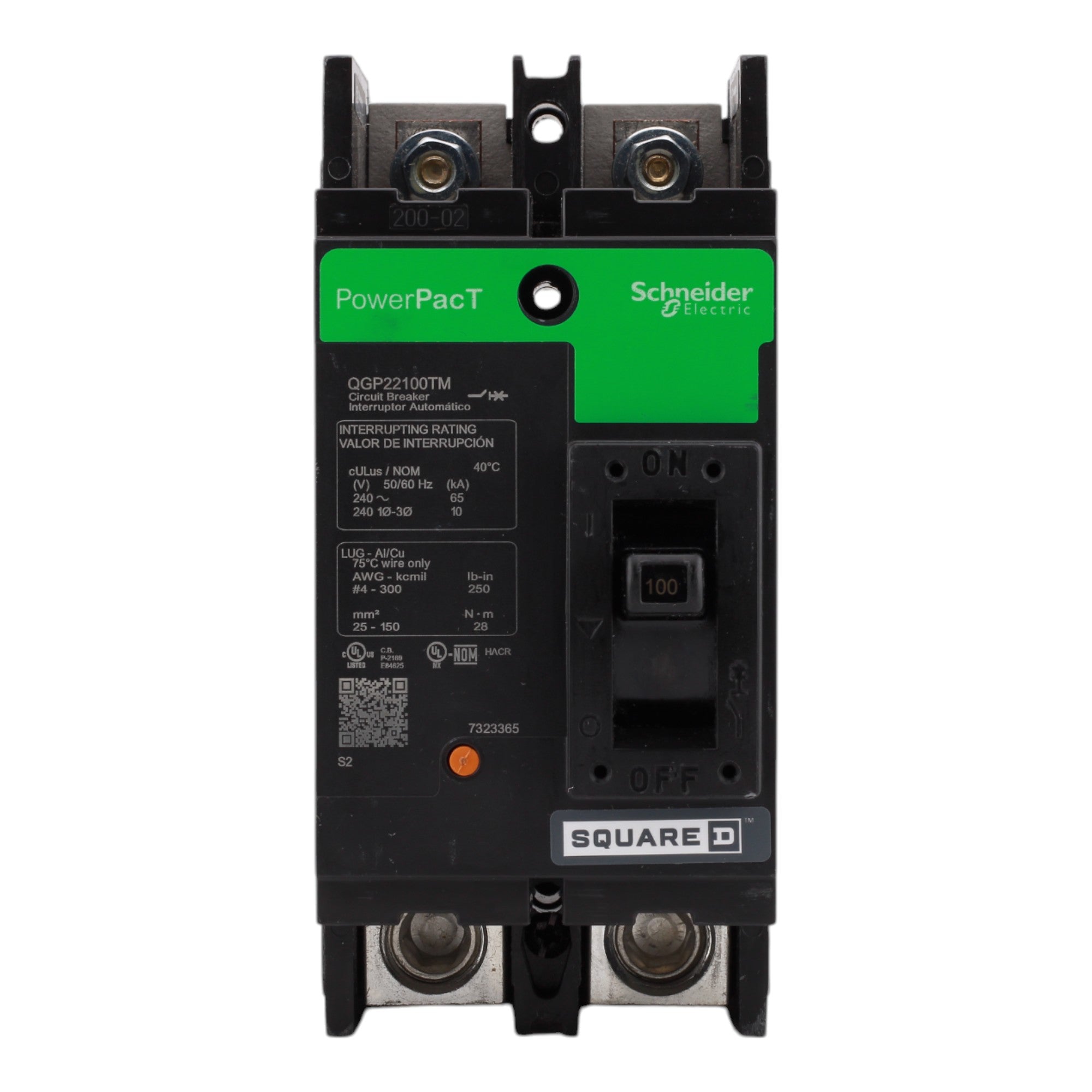 Square D PowerPacT QGP22100TM, 100A, 240V, 2-Pole Molded Case Circuit Breaker, Thermal Magnetic, 65kA, Lugs, for 240VAC Systems - Image 2