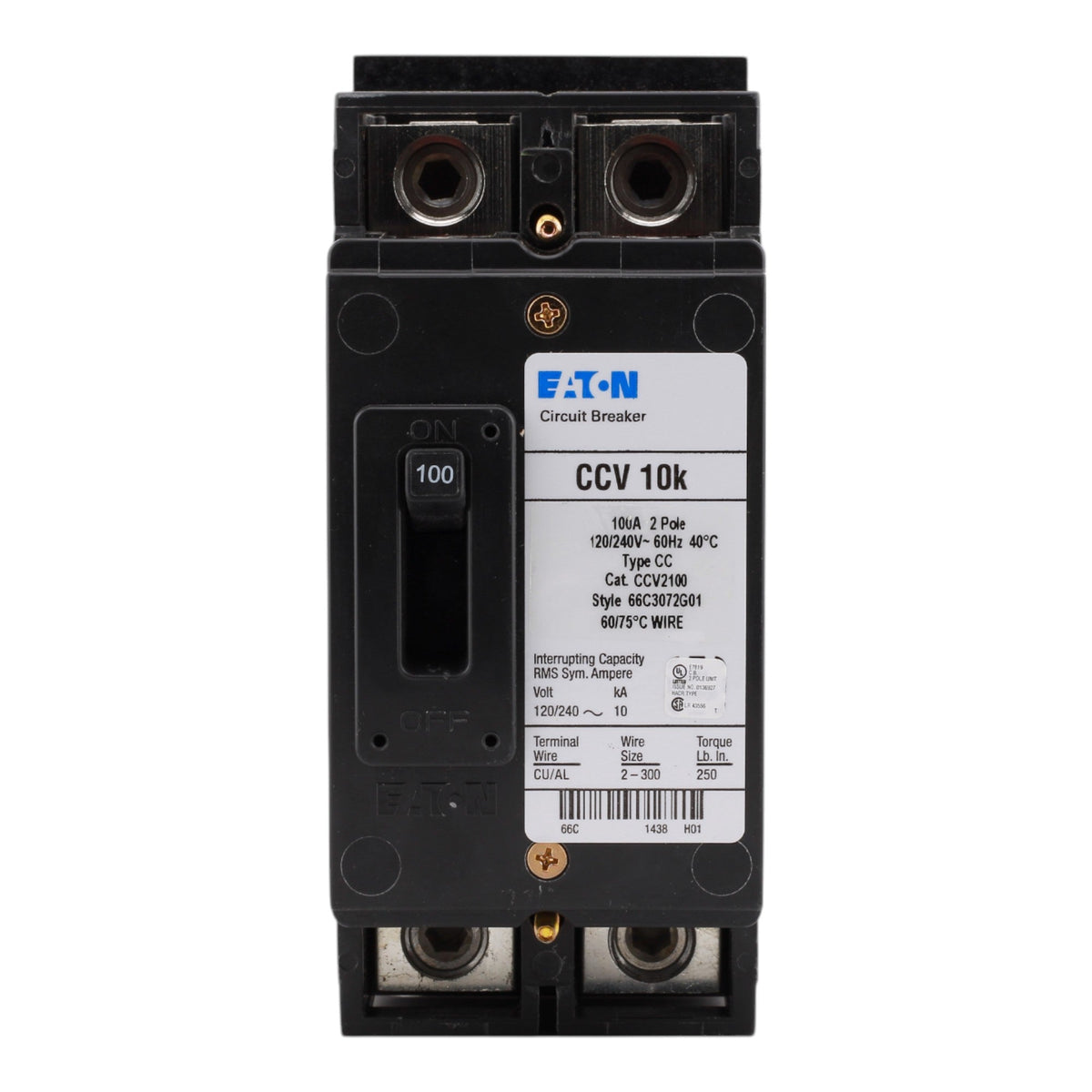 Eaton CCV2100, 100A, 120/240V, 2-Pole Tenant Main Circuit Breaker, 10 kAIC, for Type ECC Unit Enclosures - Image 2