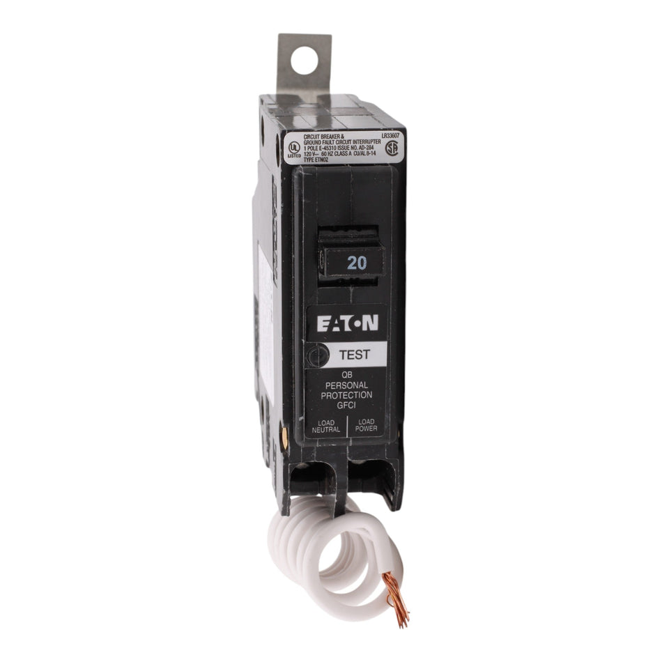 Eaton QB1020GF, 20A, 120/240V, 1-Pole GFCI Circuit Breaker, 5mA Trip, Bolt-On, for QB Load Centers
