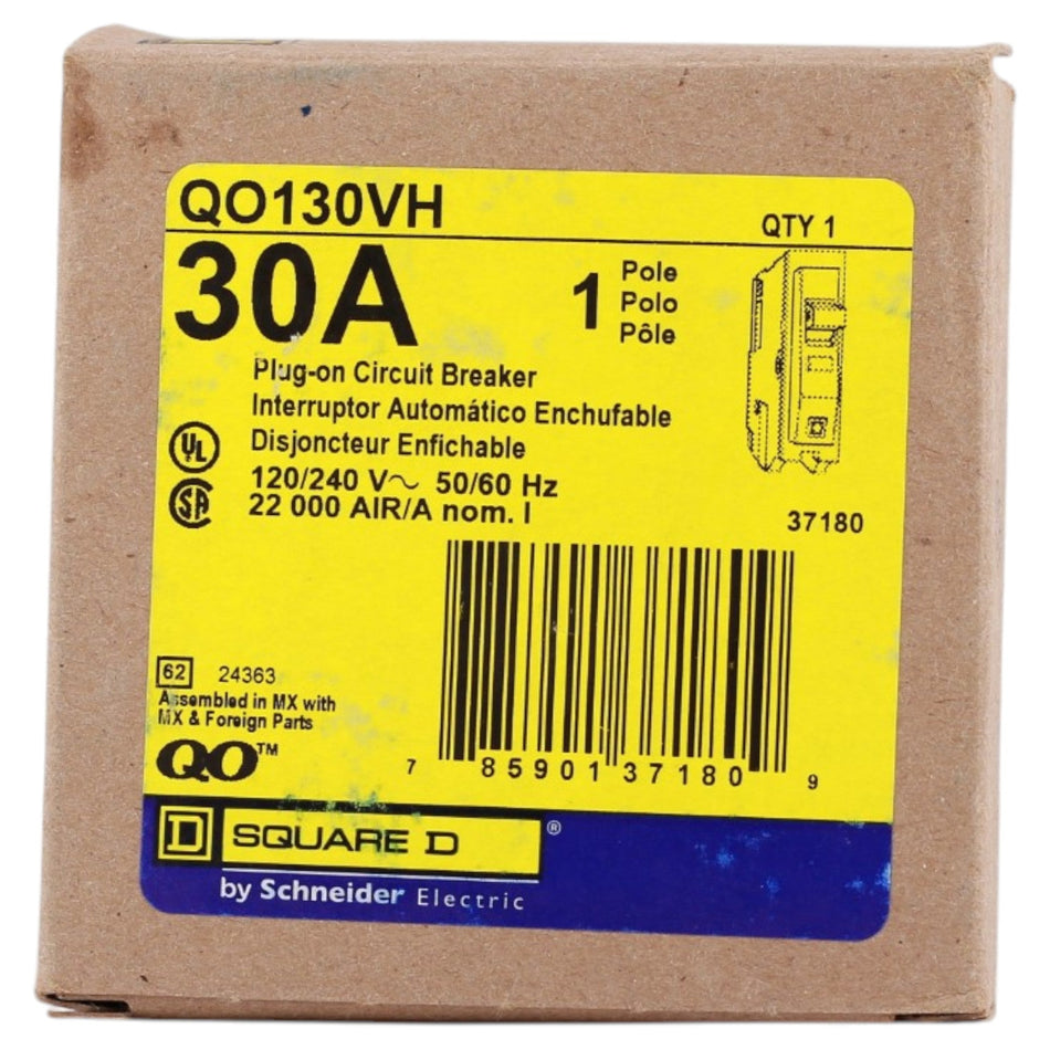 Square D QO, QO130VH, 30A, 1P, 120/240V, 22kA, High Interrupting, Circuit Breaker - Image 2