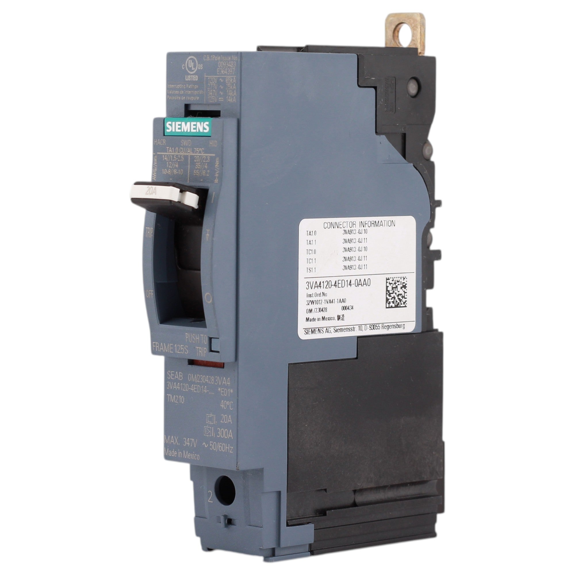 Siemens 3VA41, 3VA4120-4ED14-0AA0, 20A, 1P, 600V, Thermal Magnetic, Circuit Breaker - Image 3