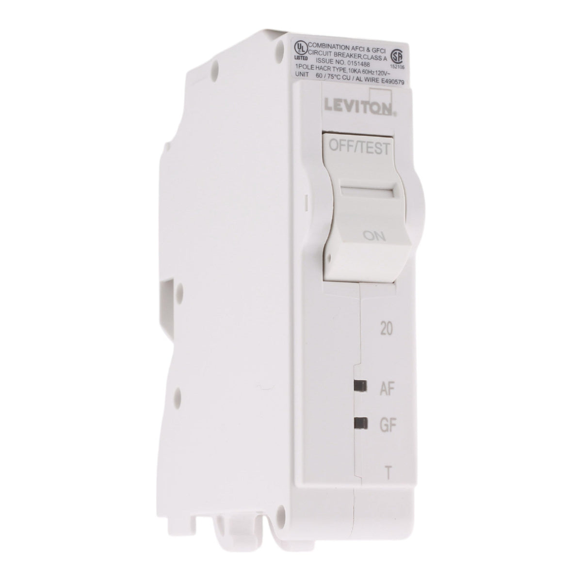 Leviton LB120-DFT, 20A, 120V, 1-Pole Dual Function AFCI/GFCI Circuit Breaker, Thermal Magnetic, Plug-On Neutral, for Leviton Load Centers