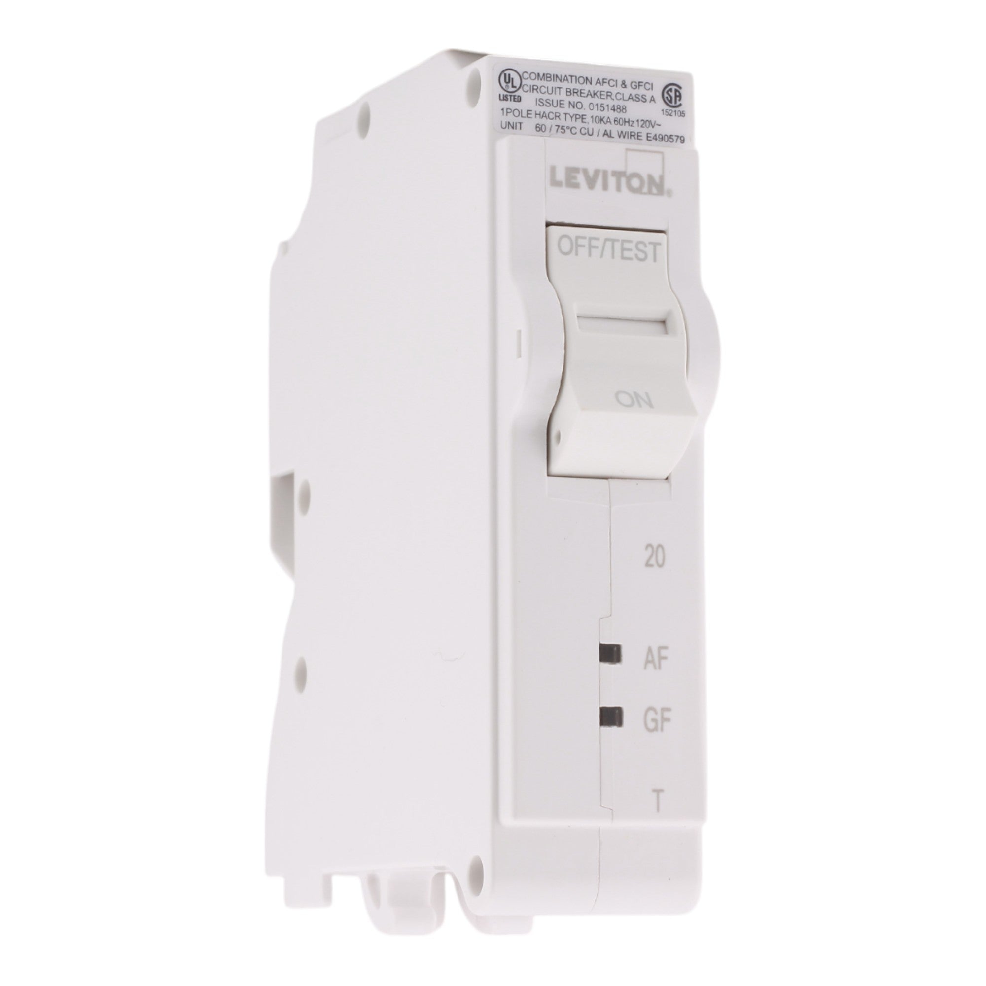 Leviton LB120-DFT, 20A, 120V, 1-Pole Dual Function AFCI/GFCI Circuit Breaker, Thermal Magnetic, Plug-On Neutral, for Leviton Load Centers
