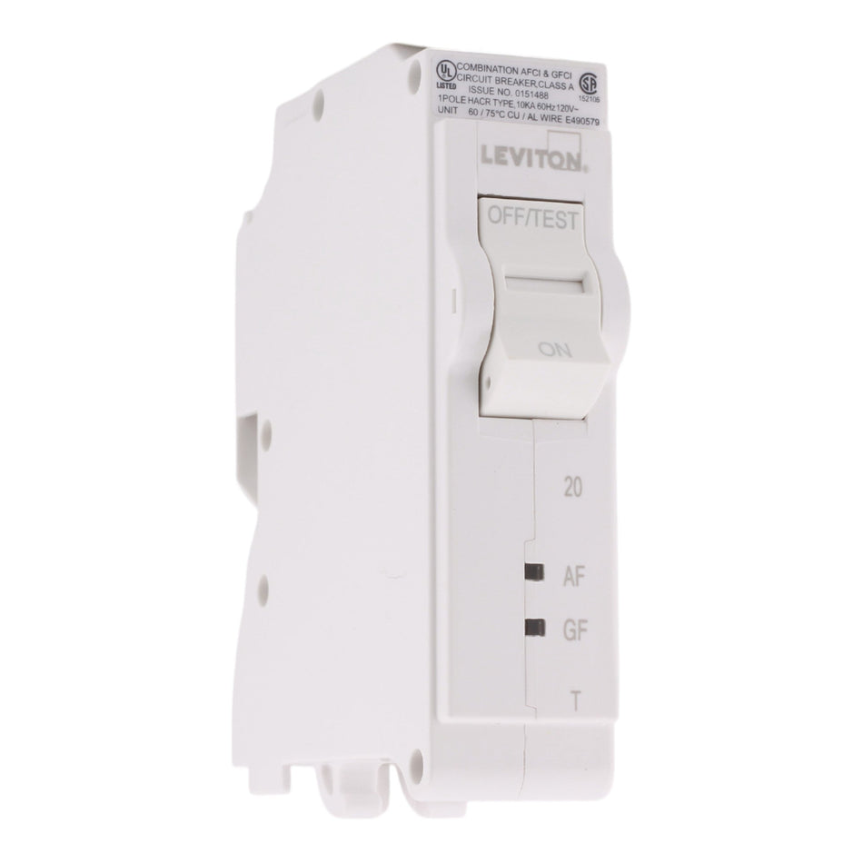 Leviton LB120-DFT, 20A, 120V, 1-Pole Dual Function AFCI/GFCI Circuit Breaker, Thermal Magnetic, Plug-On Neutral, for Leviton Load Centers