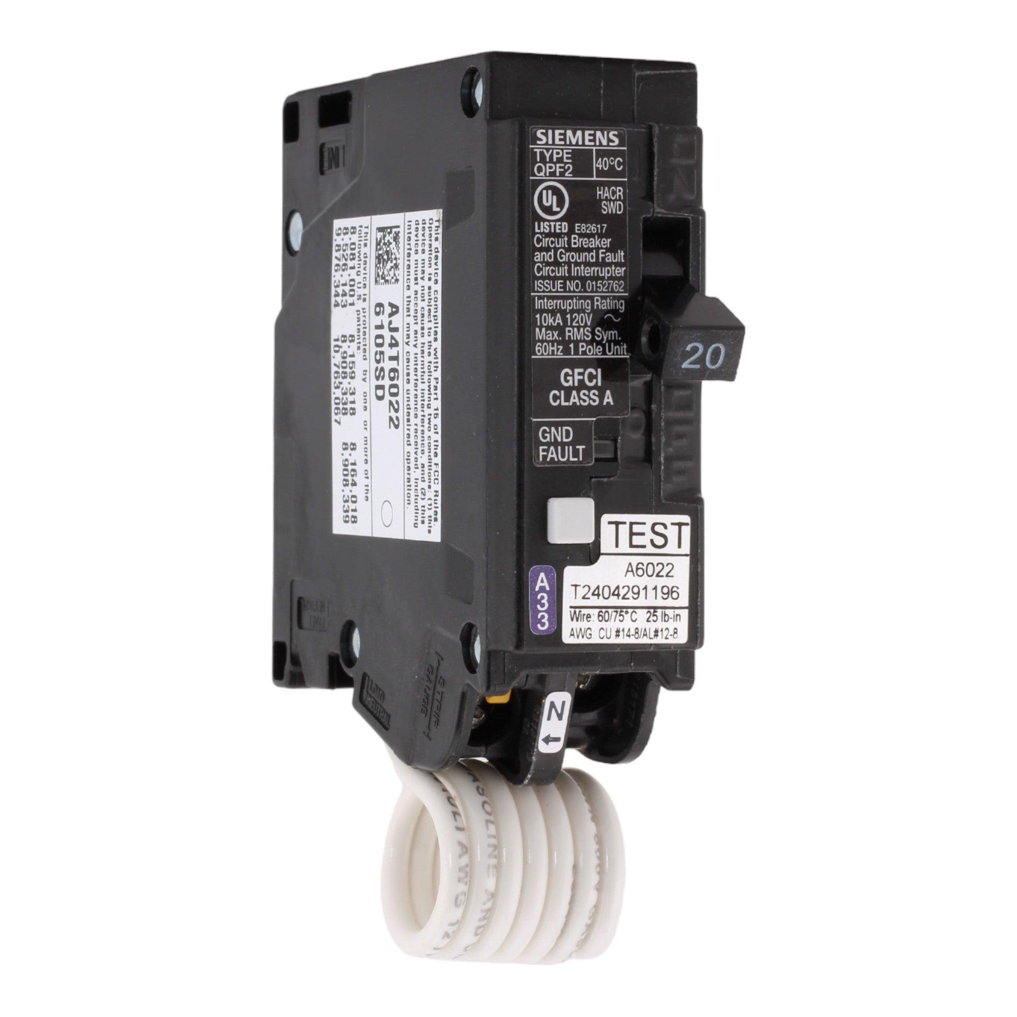 Siemens QF120A, 20 Amp, 120 Volt, Single Pole, GFCI Circuit Breaker, Pigtail-Neutral Connection, For Siemens Load Centers