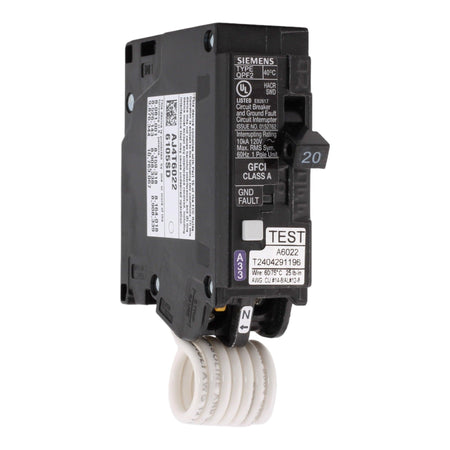 Siemens QF120A, 20 Amp, 120 Volt, Single Pole, GFCI Circuit Breaker, Pigtail-Neutral Connection, For Siemens Load Centers