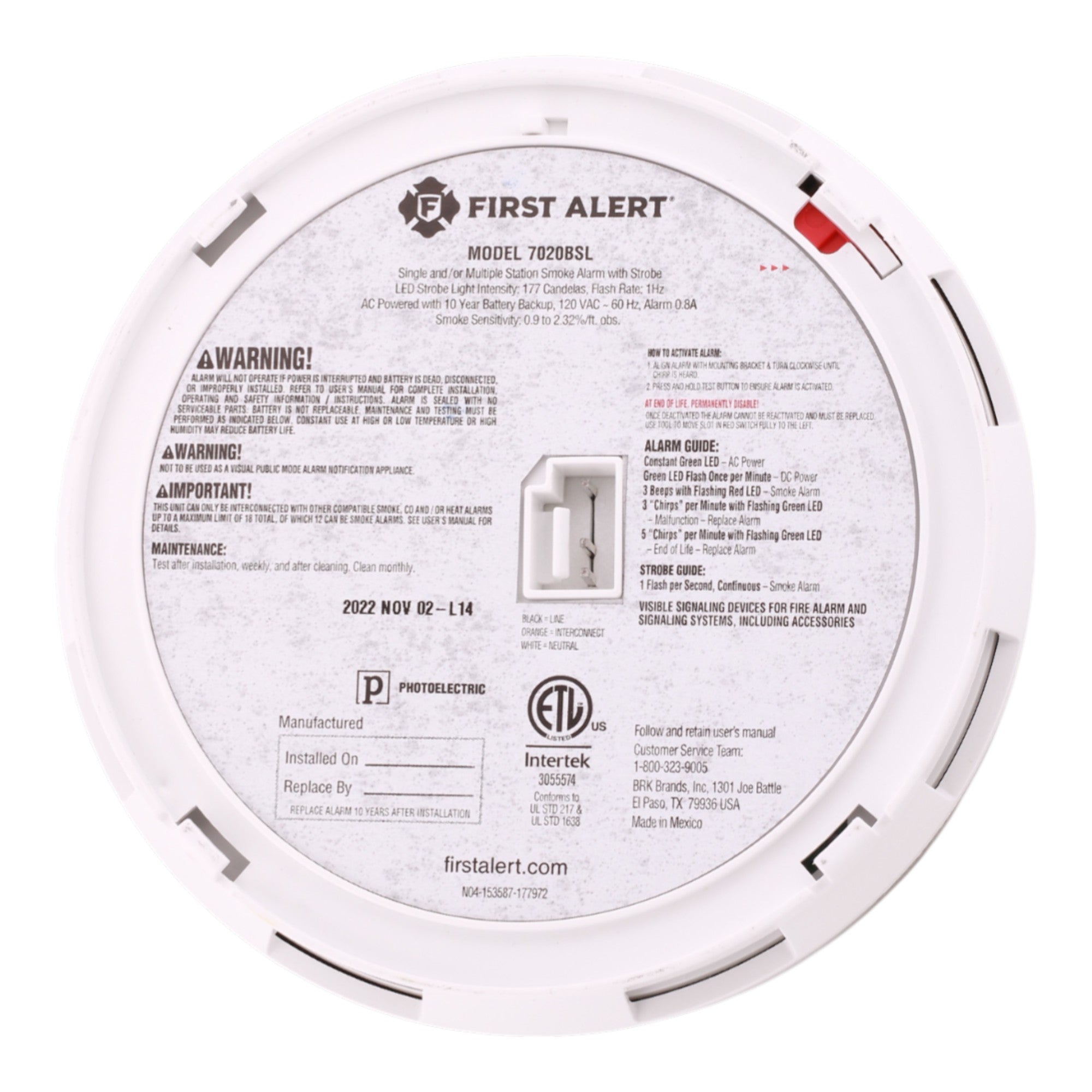 BRK 7020BSL 120V AC Photoelectric Smoke Alarm with LED Strobe and 10-Year Battery Backup - Image 6
