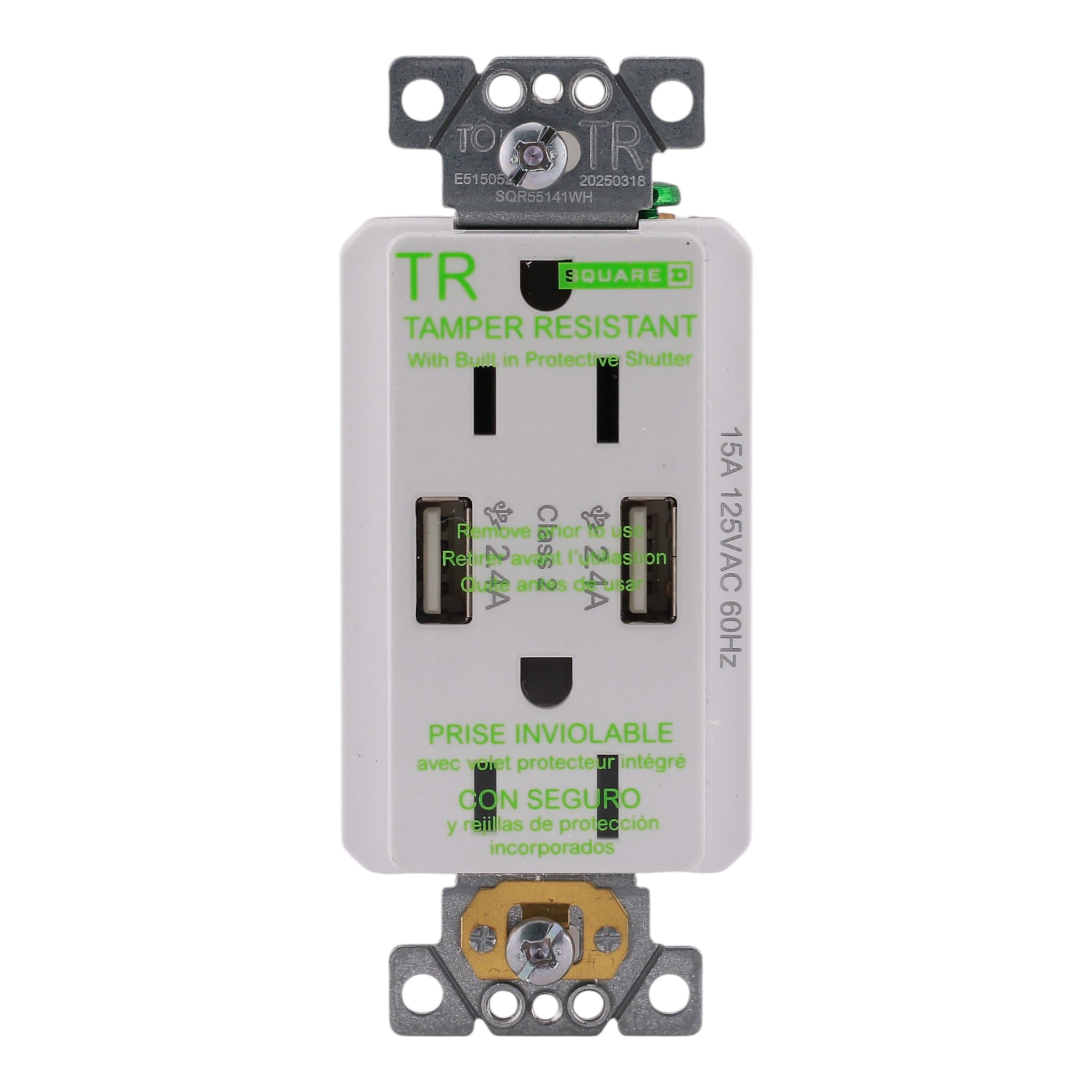 Square D X Series, SQR55141WH, 15A, 125V, USB-A/A, Duplex, Tamper Resistant, Outlet - Image 3