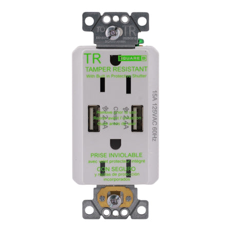 Square D X Series, SQR55141WH, 15A, 125V, USB-A/A, Duplex, Tamper Resistant, Outlet - Image 3