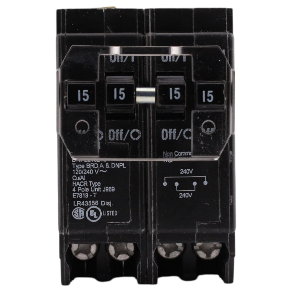 Eaton BR, BR415, (2) 15A, 4P, 120/240V, Quadplex, Non-CTL, Plug-On, Circuit Breaker - Image 2