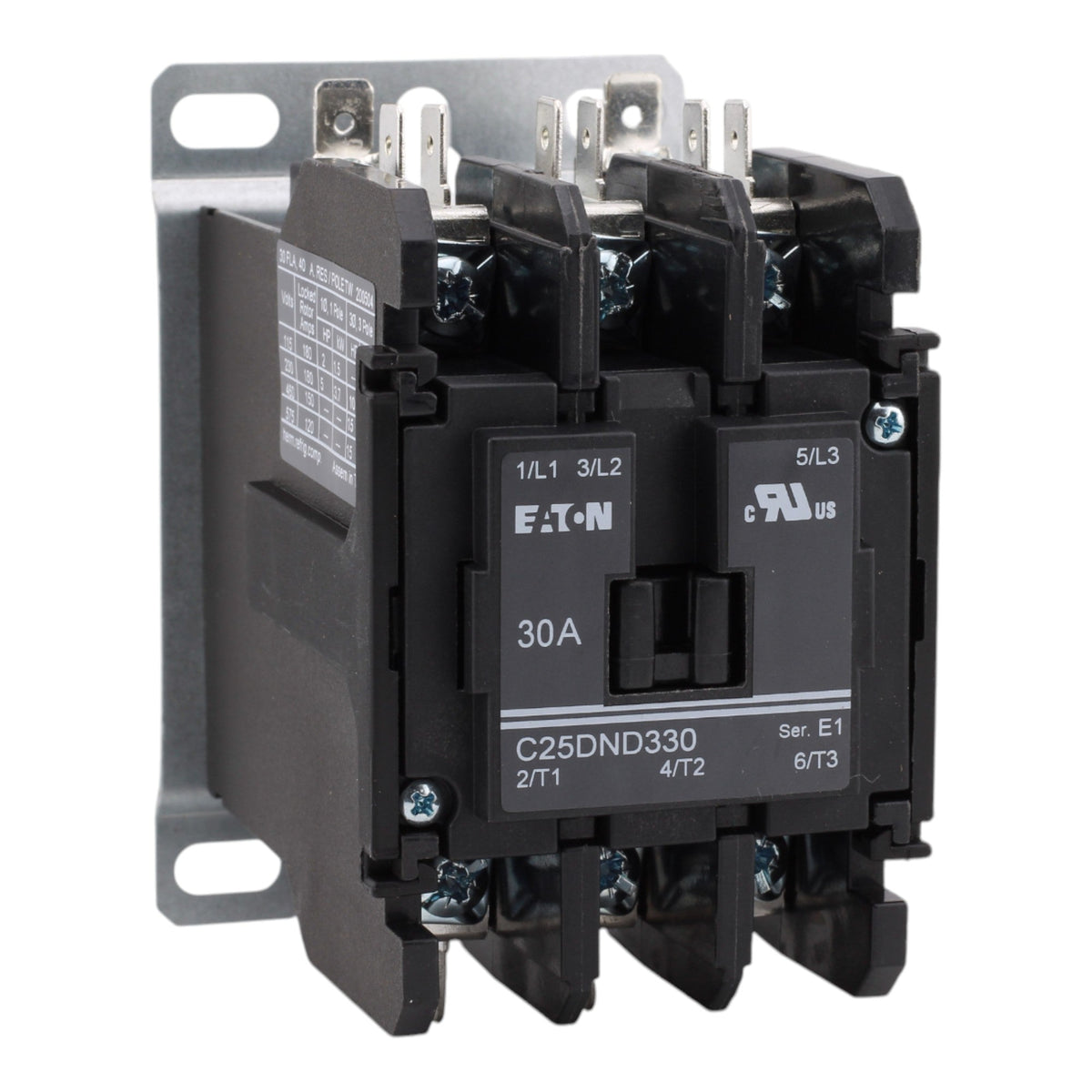 Eaton C25DND330A Definite Purpose Contactor, 30A, 110-120VAC, 3-Pole, Non-Reversing, Quick Connect Terminals