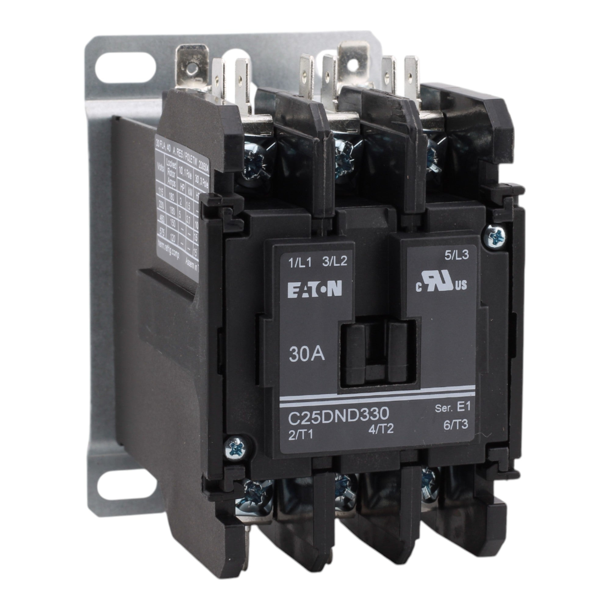 Eaton C25DND330A Definite Purpose Contactor, 30A, 110-120VAC, 3-Pole, Non-Reversing, Quick Connect Terminals