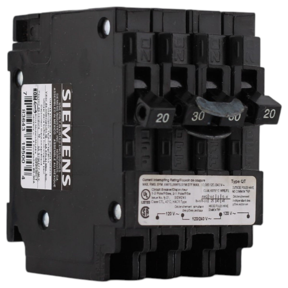 Siemens QT, Q22030CT, (2) 20A 1P, (1) 30A 2P, 120/240V, Triplex, Circuit Breaker