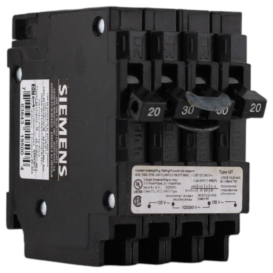 Siemens QT, Q22030CT, (2) 20A 1P, (1) 30A 2P, 120/240V, Triplex, Circuit Breaker