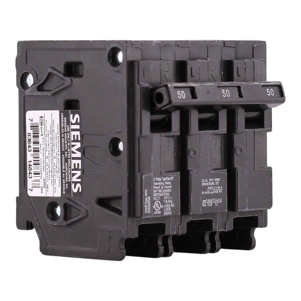 Siemens QP, Q350, 50A, 3P, 240V, Thermal Magnetic, Plug-In, Circuit Breaker