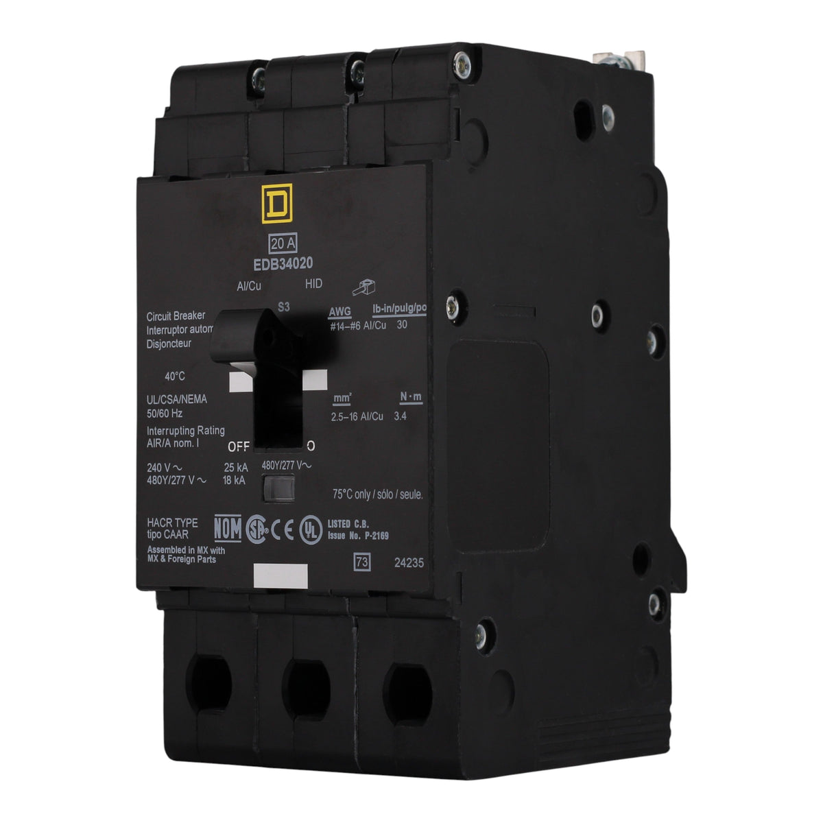 Square D E-Frame EDB34020 20A 3P 480Y/277V 25kA Bolt-On Circuit Breaker - Image 2