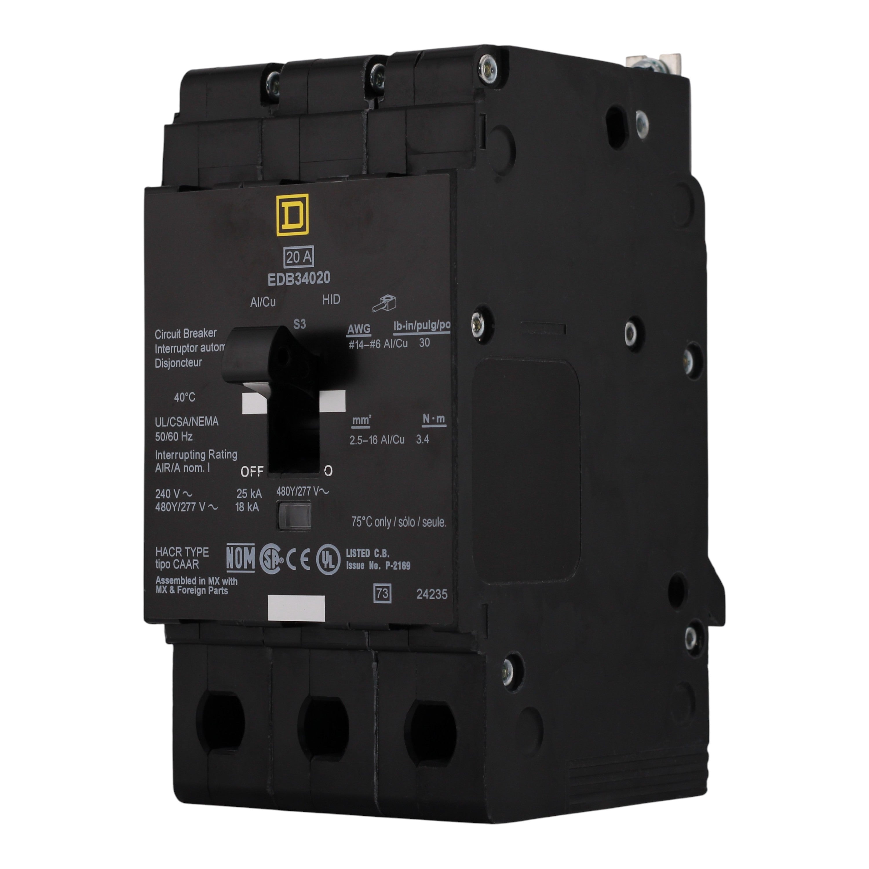Square D E-Frame EDB34020 20A 3P 480Y/277V 25kA Bolt-On Circuit Breaker - Image 2