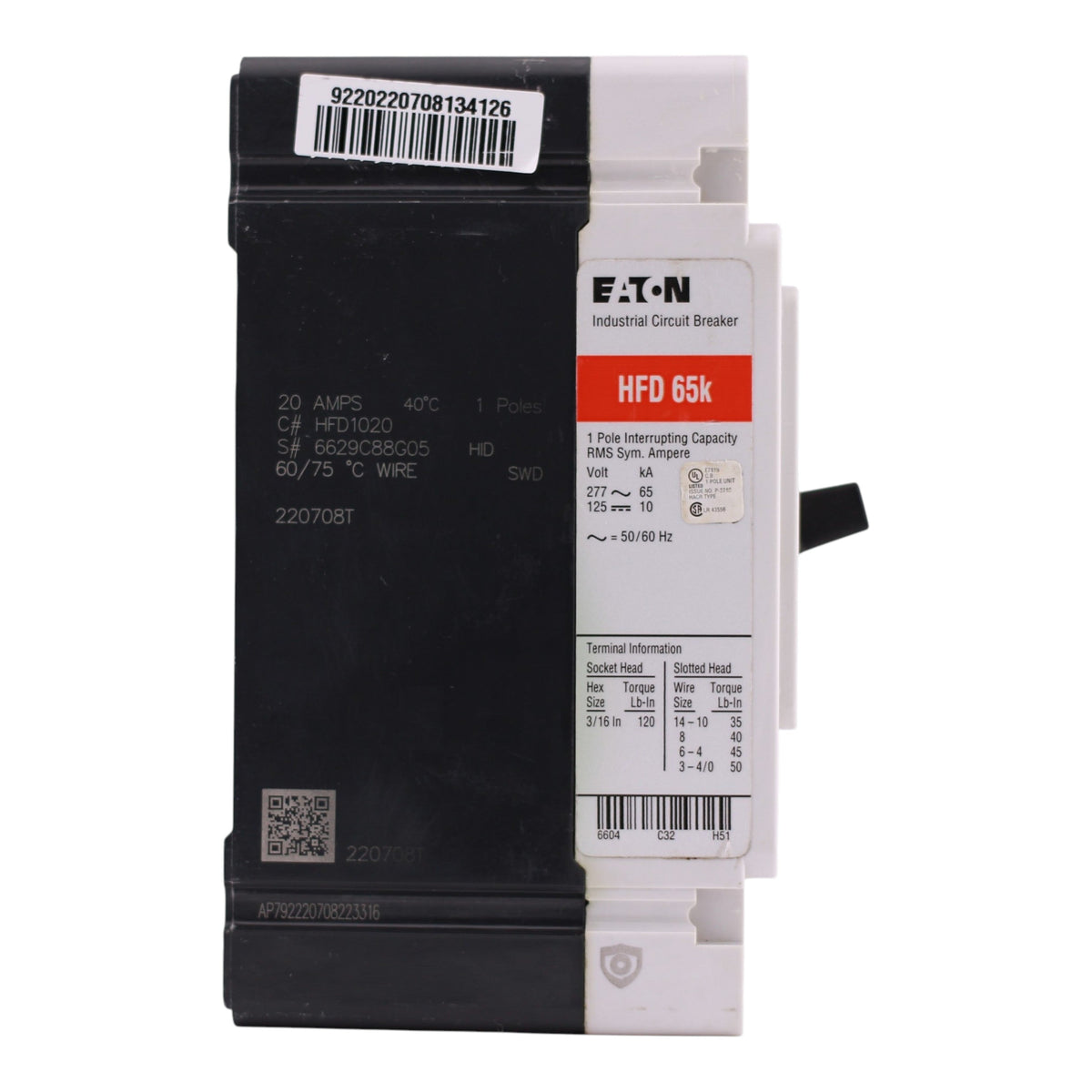 Eaton Series C, HFD1020, 20A, 1P, 277V, Bolt-On, MCCB - Image 4