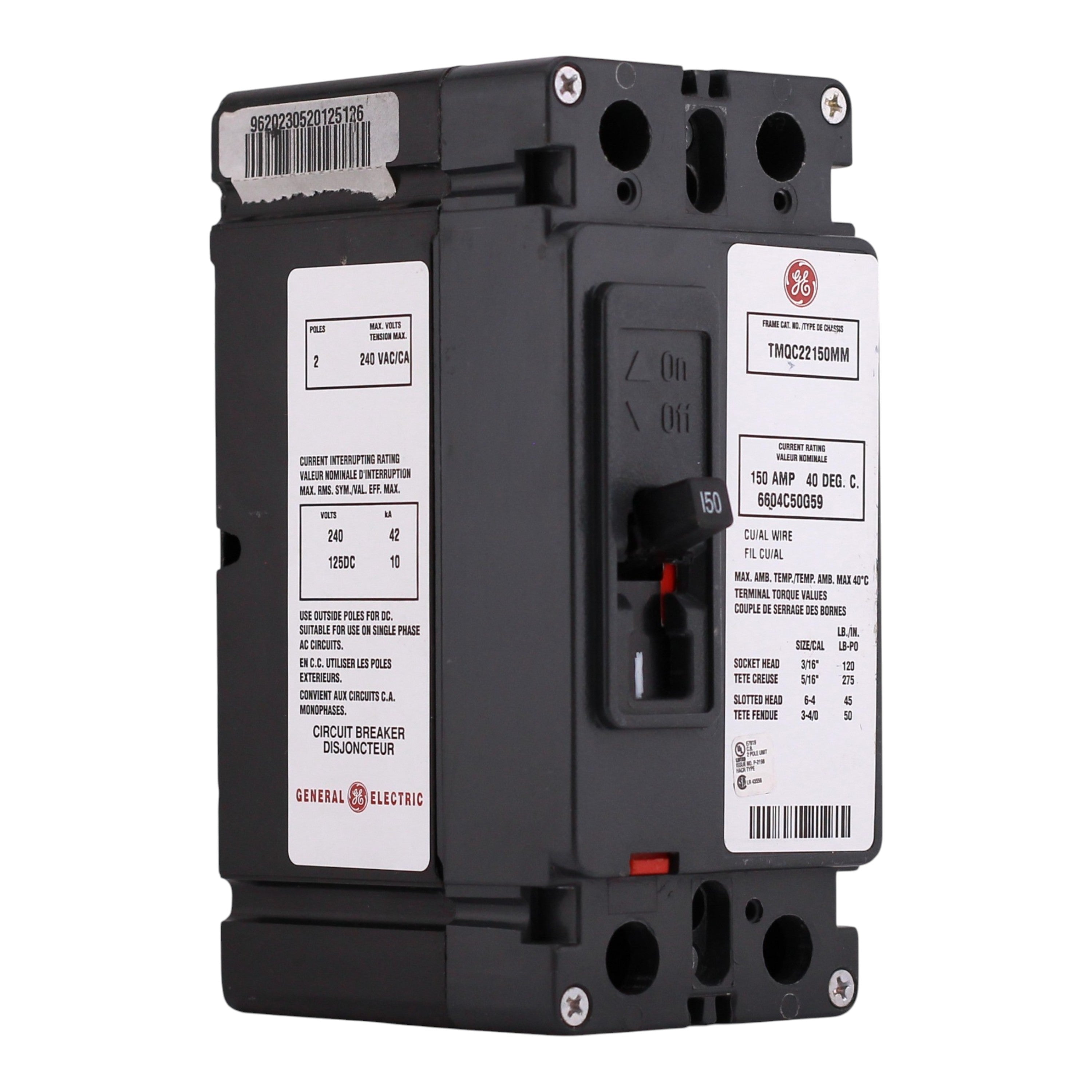 ABB Q-Line, TMQC22150MM, 150A, 2P, 240V, 42kA, Tenant Main, Circuit Breaker
