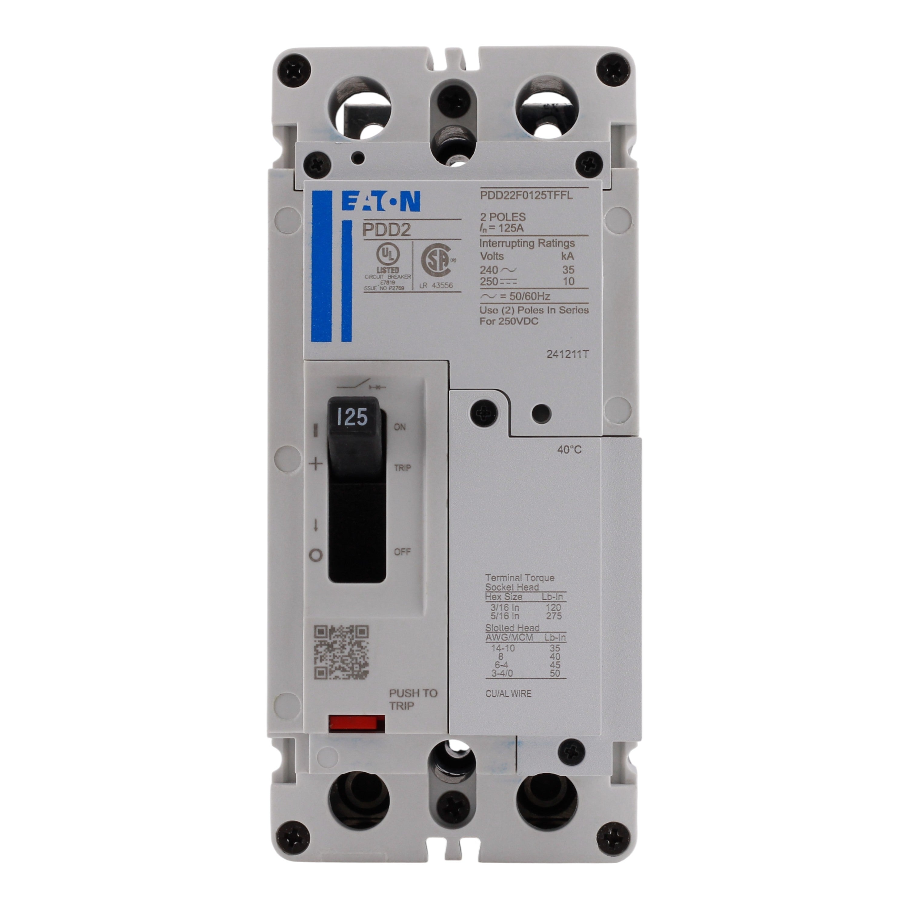 Eaton Power Defense PDD22F0125TFFL 125A 2P 240V 35kA Molded Case Circuit Breaker - Image 4