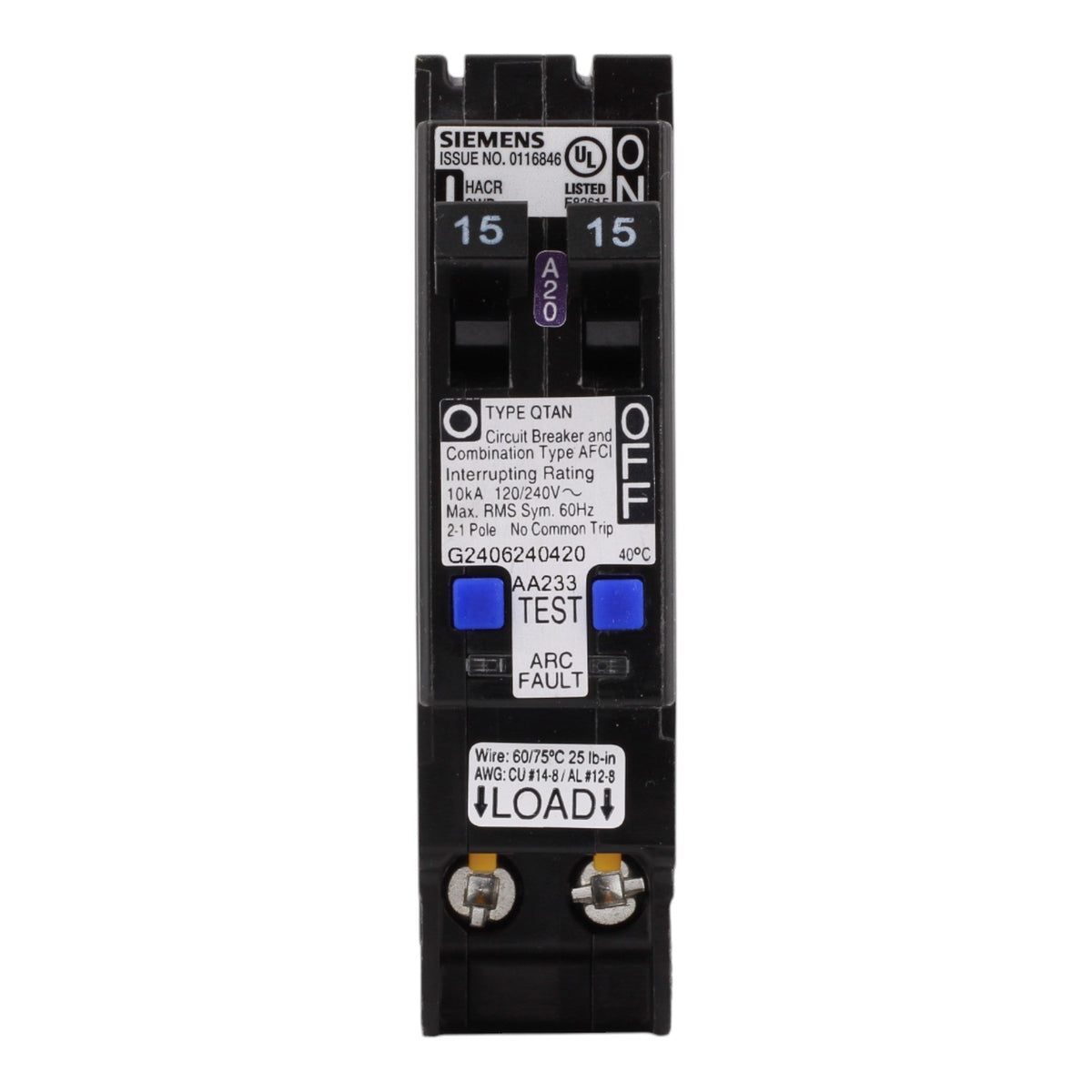 Siemens Q1515AFCN 15/15 Amps 120 Volts Tandem Combination Arc-Fault Circuit Breaker, Plug-On Neutral - Image 2