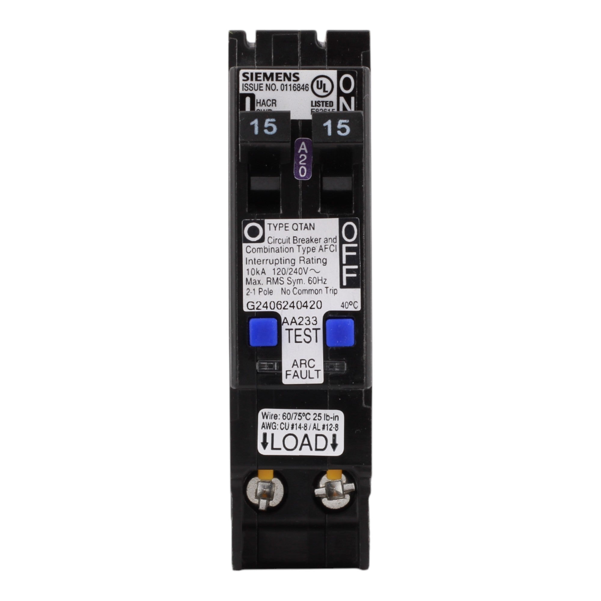 Siemens Q1515AFCN 15/15 Amps 120 Volts Tandem Combination Arc-Fault Circuit Breaker, Plug-On Neutral - Image 2