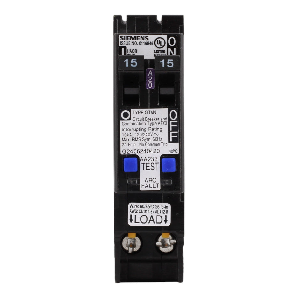 Siemens Q1515AFCN 15/15 Amps 120 Volts Tandem Combination Arc-Fault Circuit Breaker, Plug-On Neutral - Image 2