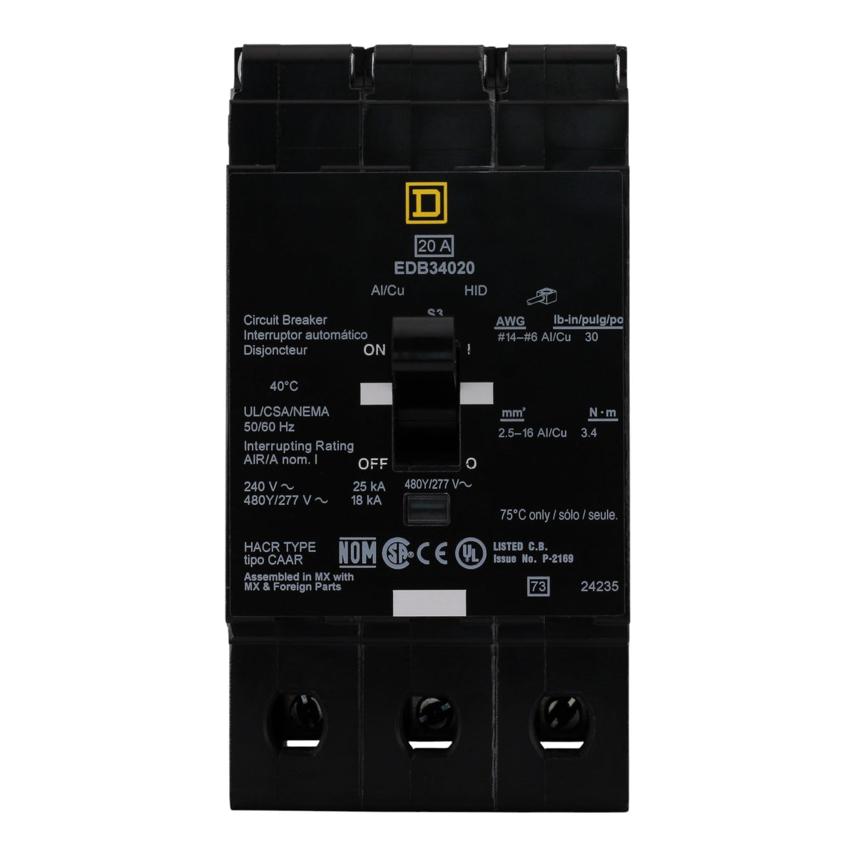Square D E-Frame EDB34020 20A 3P 480Y/277V 25kA Bolt-On Circuit Breaker - Image 4