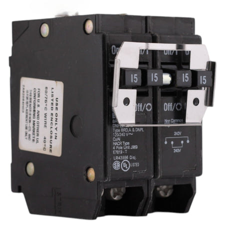 Eaton BR, BR415, (2) 15A, 4P, 120/240V, Quadplex, Non-CTL, Plug-On, Circuit Breaker