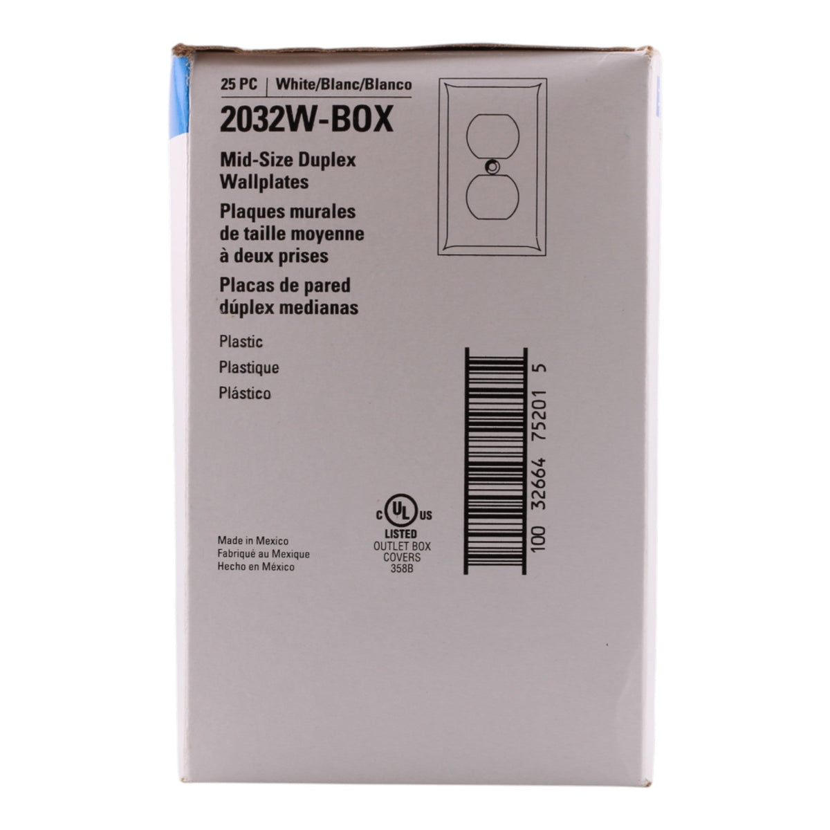 Eaton PACK-25 2032W-BOX Mid-Size 1-Gang Duplex Receptacle Wallplate White Thermoset