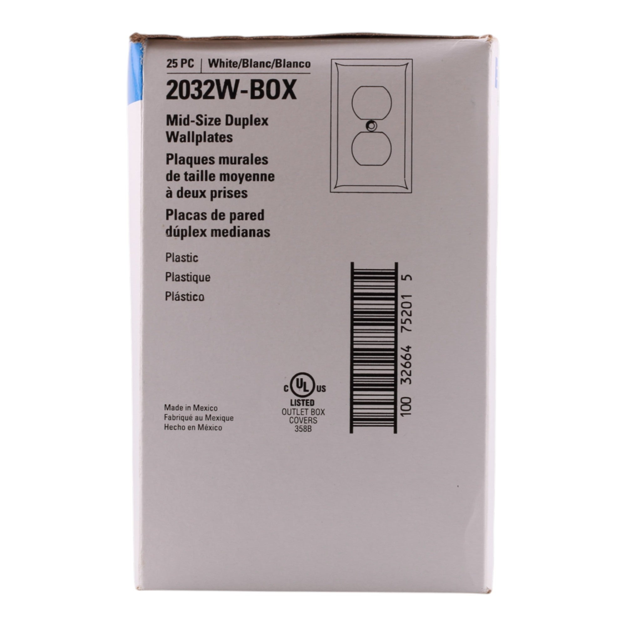 Eaton PACK-25 2032W-BOX Mid-Size 1-Gang Duplex Receptacle Wallplate White Thermoset