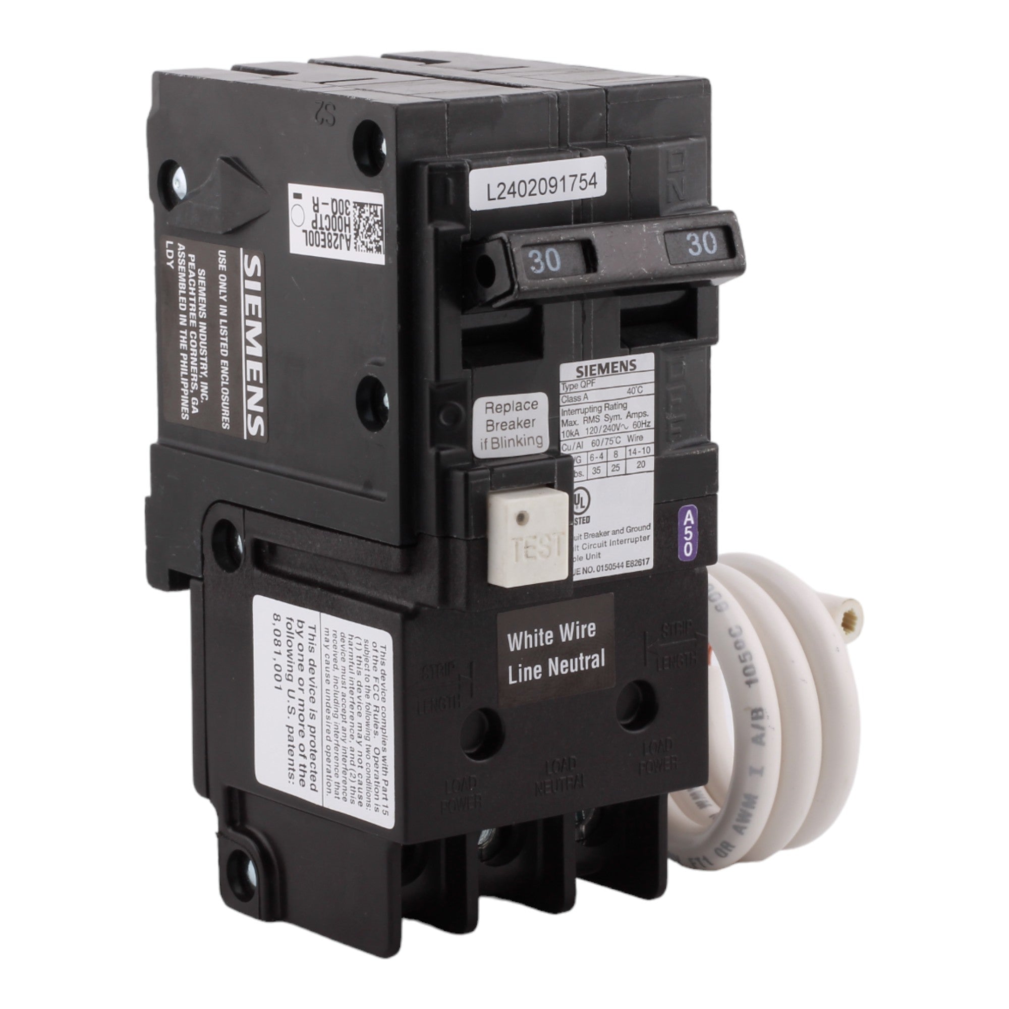 Siemens QF230A, 30 Amp, 120/240 Volt, Double Pole, GFCI Circuit Breaker, Plug-In Connection, For Siemens Type EQ, EQL, SEQ Loadcenters