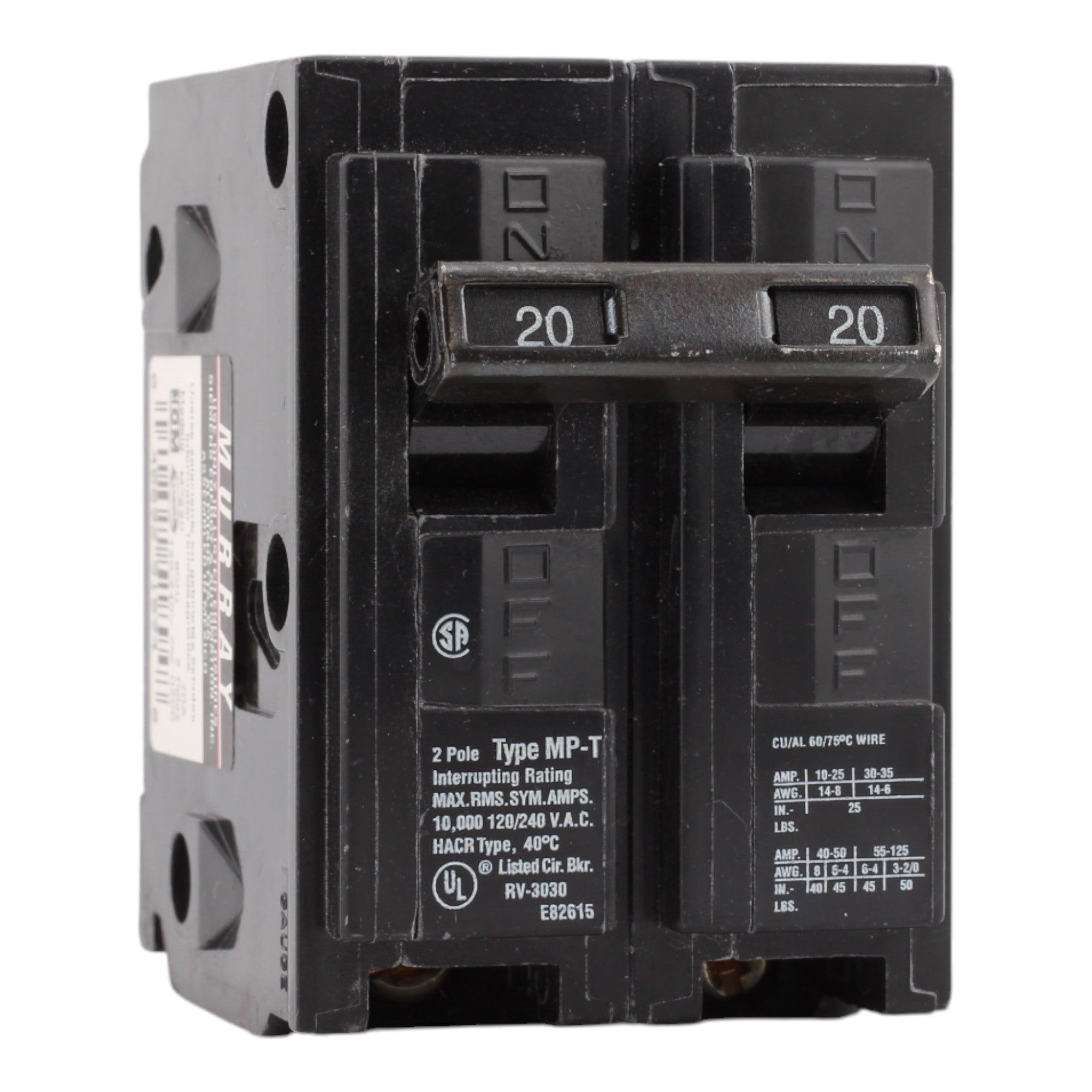 Murray MP220 20A 120/240V 2-Pole Miniature Thermal Magnetic Circuit Breaker, Compatible with Murray and Siemens Load Centers