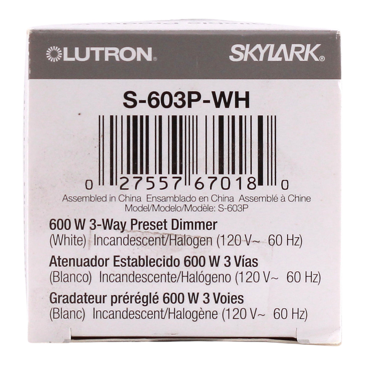 Lutron Skylark, S-603P-WH, 600W, 120V, 3-Way/Single-Pole, Incandescent/Halogen, Slide Dimmer, White - Image 3