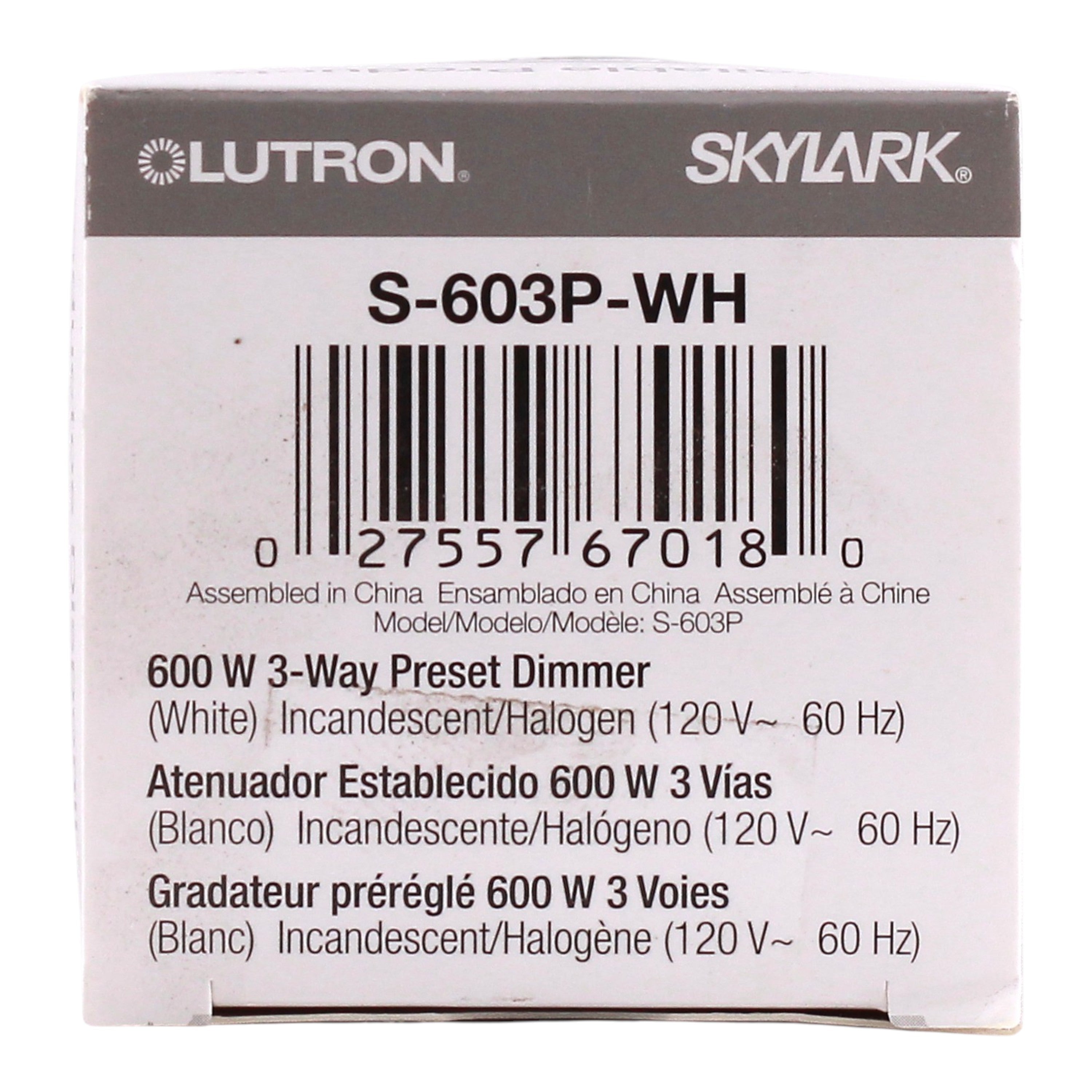 Lutron Skylark, S-603P-WH, 600W, 120V, 3-Way/Single-Pole, Incandescent/Halogen, Slide Dimmer, White - Image 3