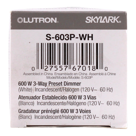 Lutron Skylark, S-603P-WH, 600W, 120V, 3-Way/Single-Pole, Incandescent/Halogen, Slide Dimmer, White - Image 3