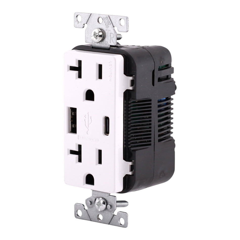 Leviton Decora, T5833-W, 20A, 125V, NEMA 5-20R, USB Type-A/Type-C Combo Outlet, Tamper-Resistant, White - Image 2