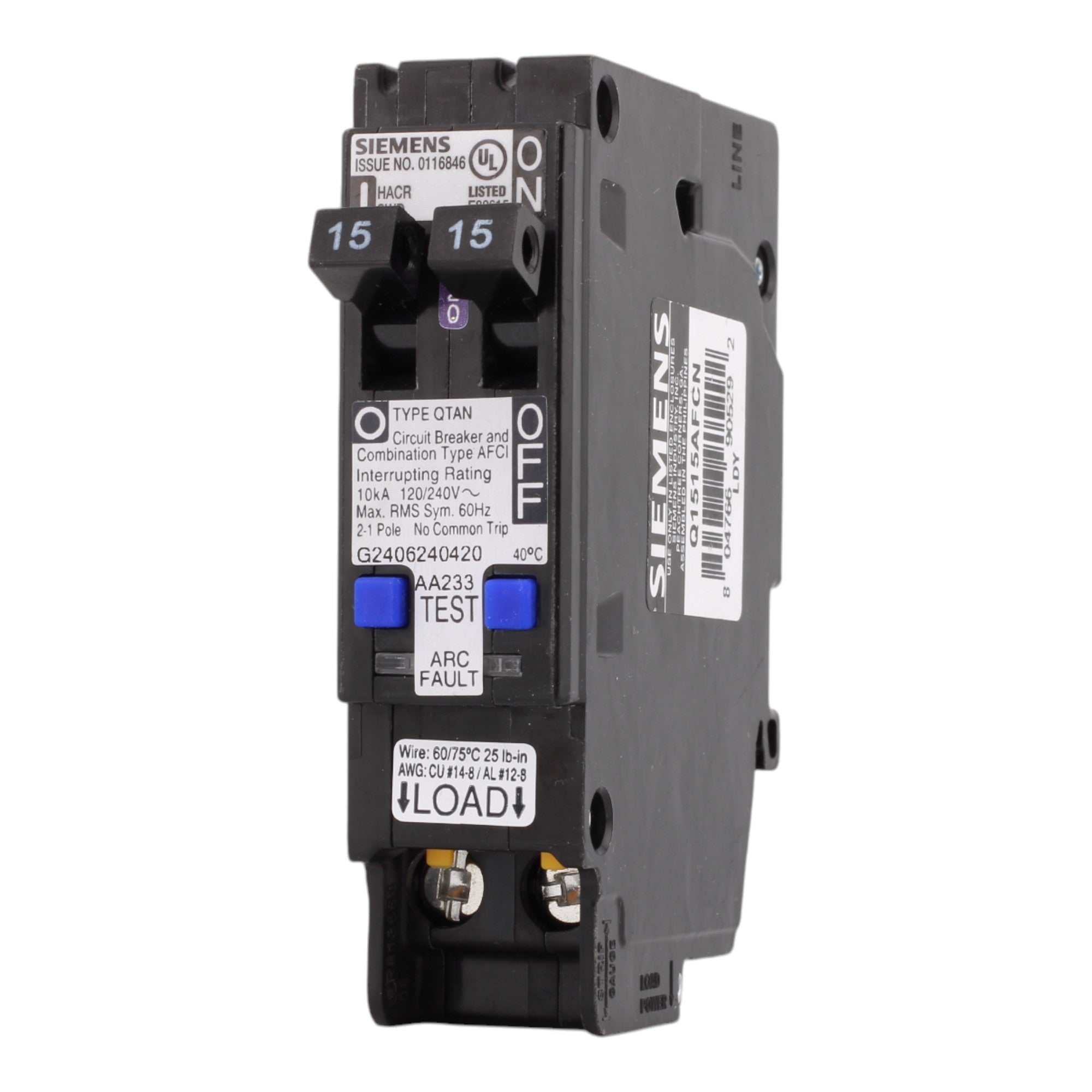 Siemens Q1515AFCN 15/15 Amps 120 Volts Tandem Combination Arc-Fault Circuit Breaker, Plug-On Neutral - Image 3