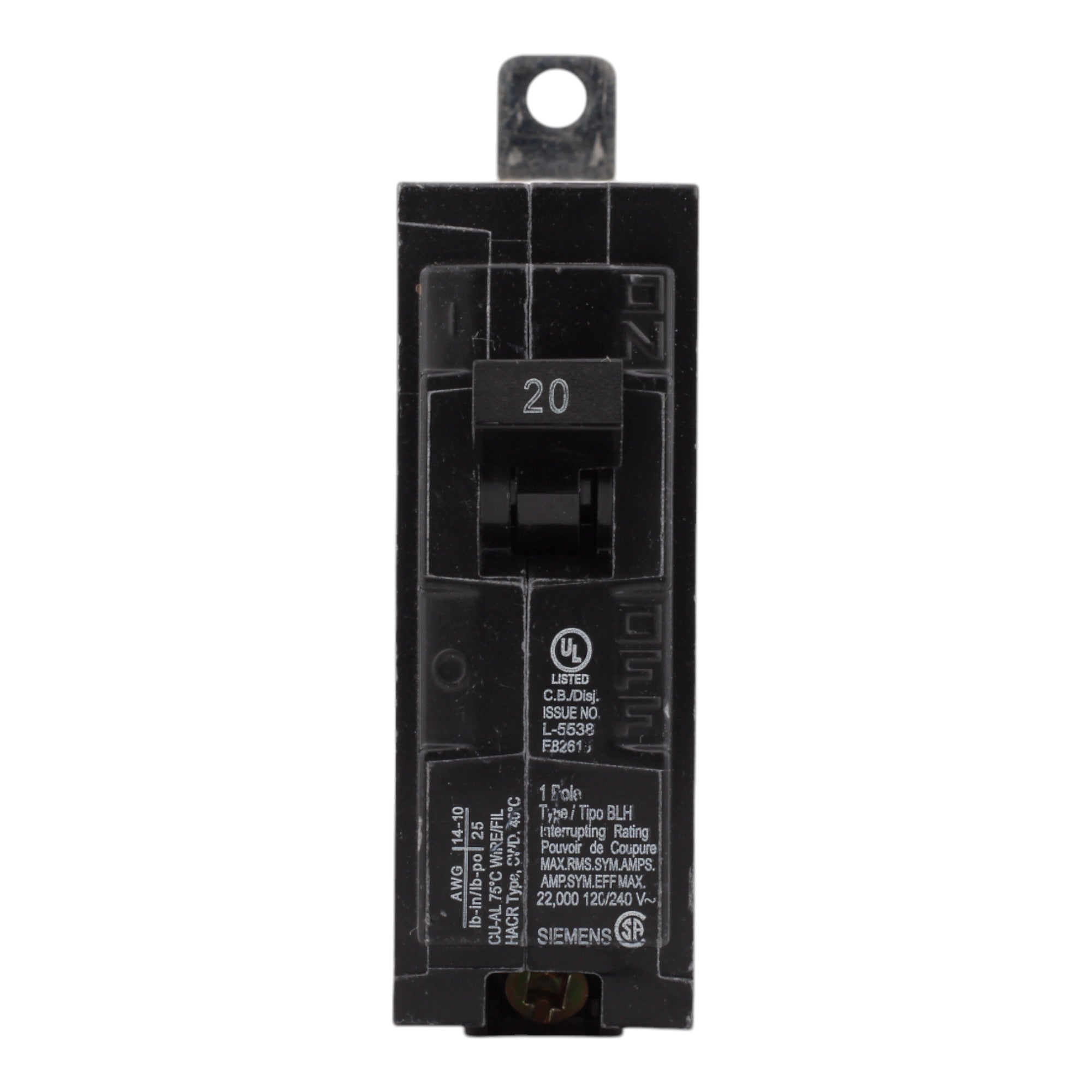 Siemens B120H 20A 120V 1-Pole Thermal Magnetic Circuit Breaker, 22kA Interrupt, Type BLH - Image 2