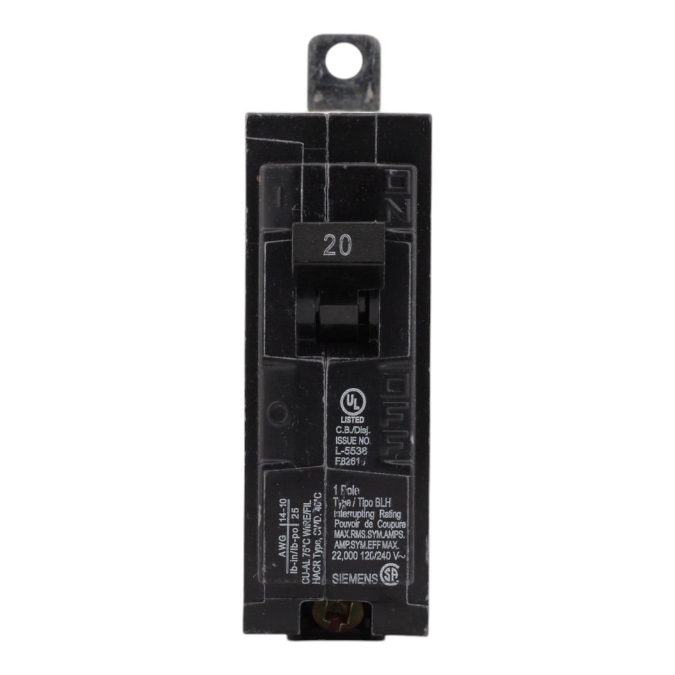 Siemens B120H 20A 120V 1-Pole Thermal Magnetic Circuit Breaker, 22kA Interrupt, Type BLH - Image 2