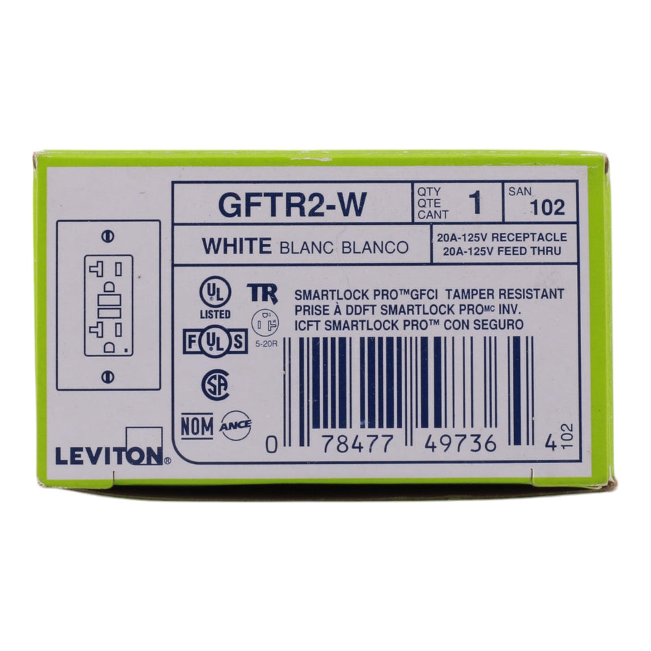 Leviton GFTR2-W 20A 125V Self-Test Tamper-Resistant GFCI Outlet, White, Back & Side Wired - Image 2