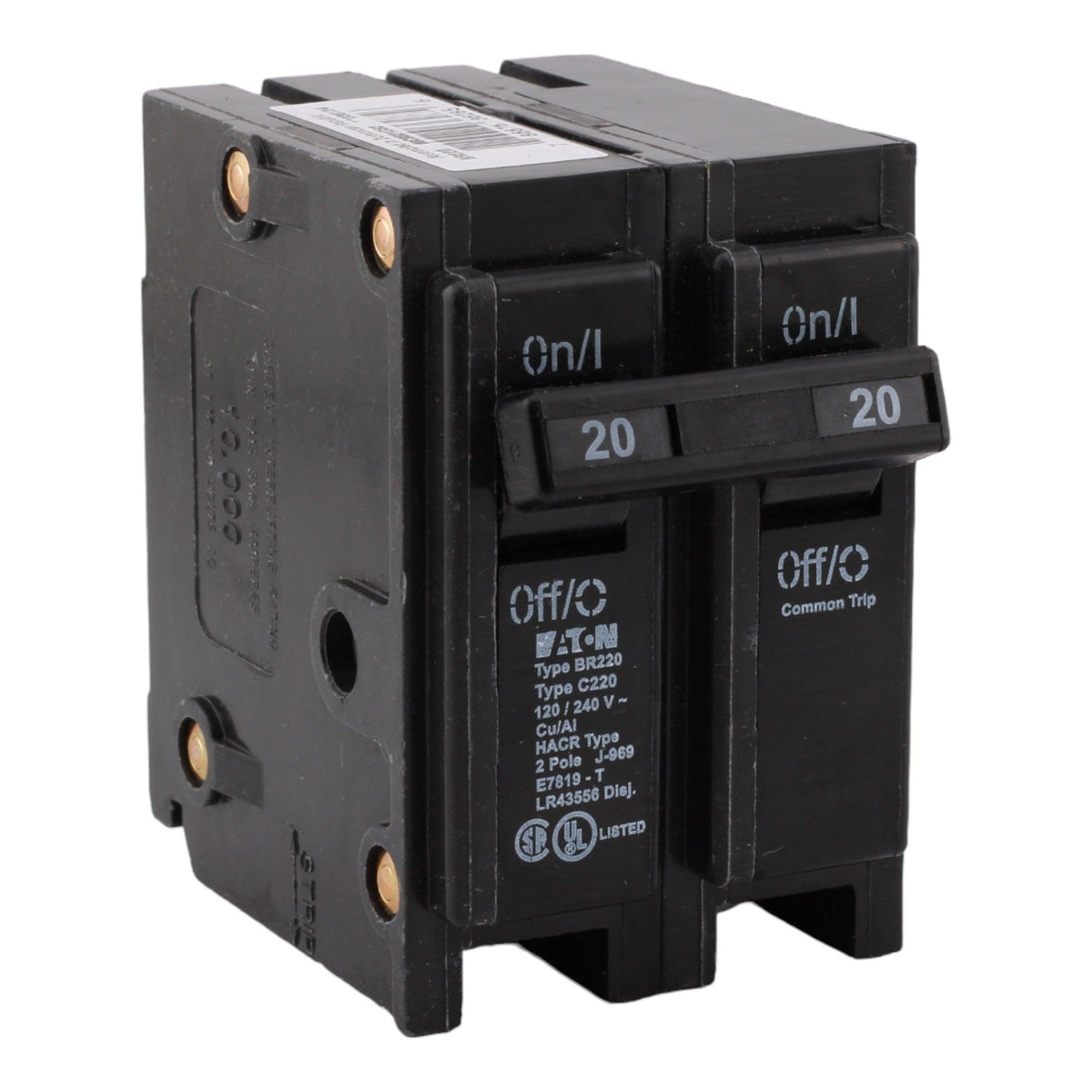 Eaton BR220 20A Double Pole 120/240V Thermal Magnetic Circuit Breaker, Plug-In, Type BR for BR Load Centers