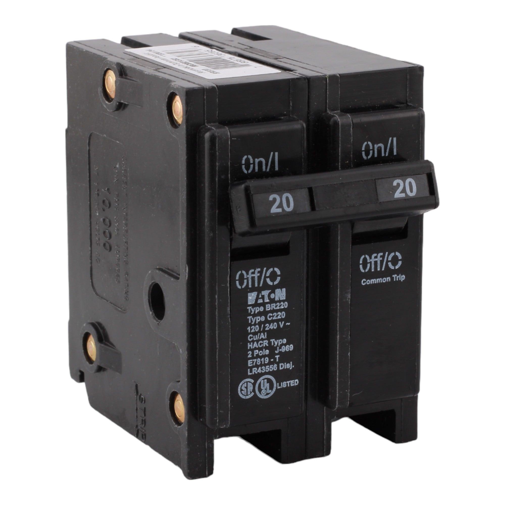 Eaton BR220 20A Double Pole 120/240V Thermal Magnetic Circuit Breaker, Plug-In, Type BR for BR Load Centers